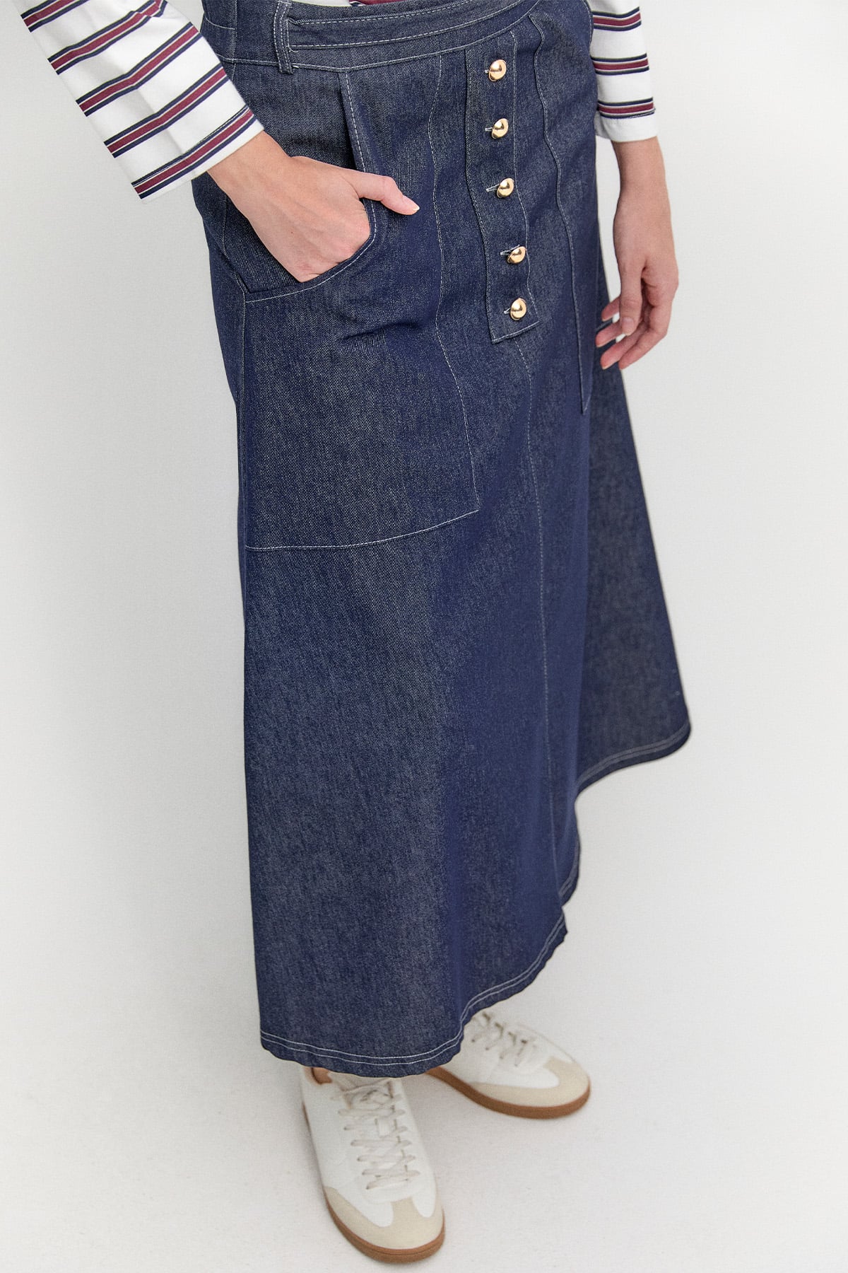Önü Metal Düğmeli Denim Etek, Tesettür Giyim