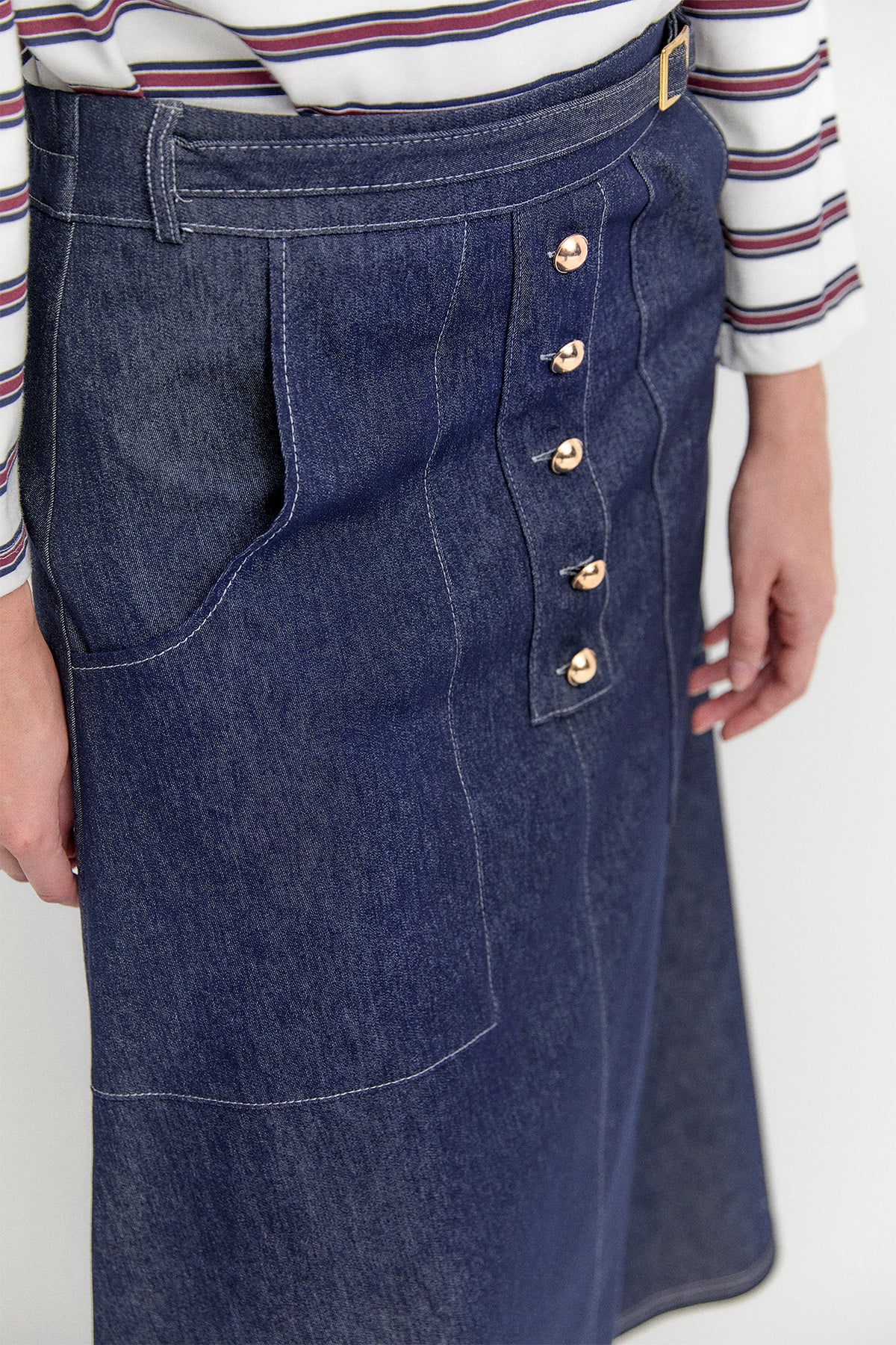 Önü Metal Düğmeli Denim Etek, Tesettür Giyim