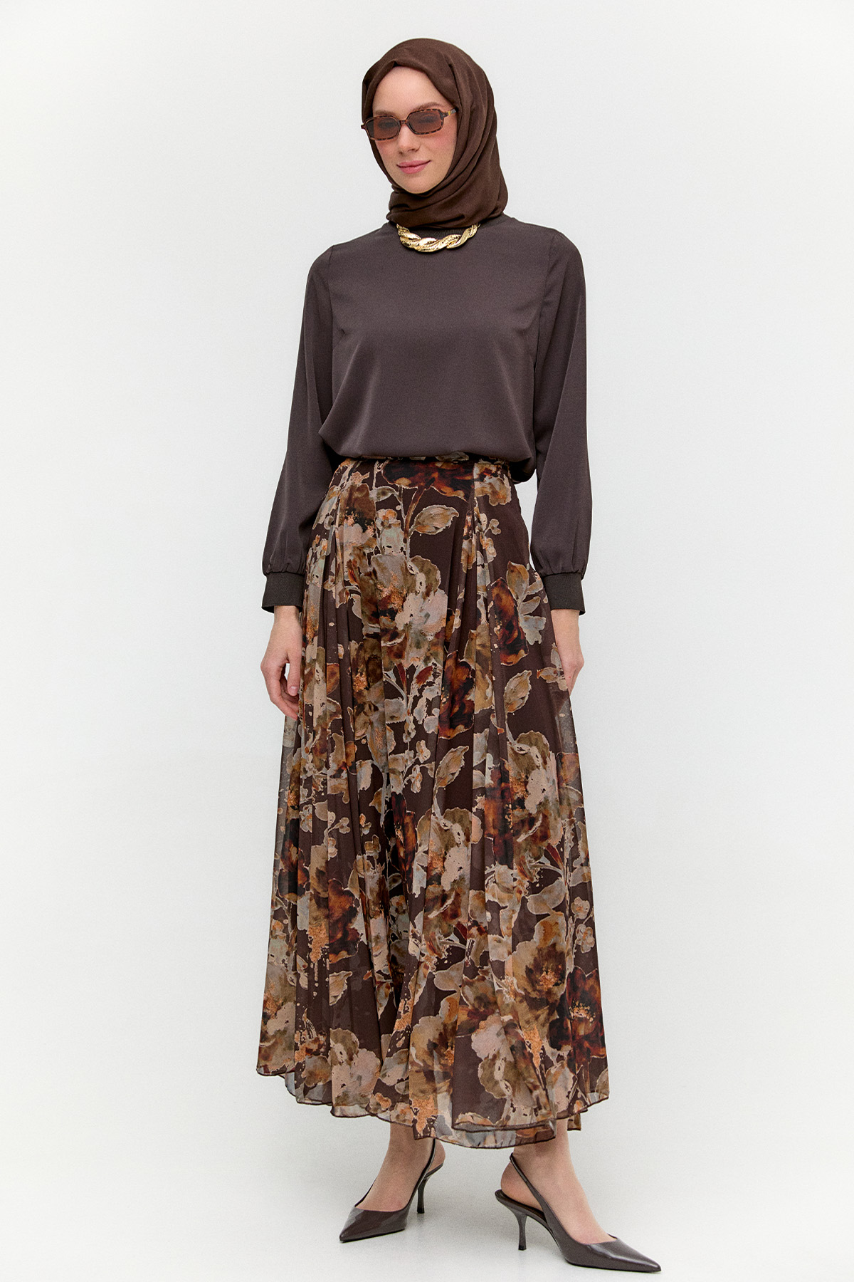 Çiçek Desenli Şifon Etek, Tesettür Giyim