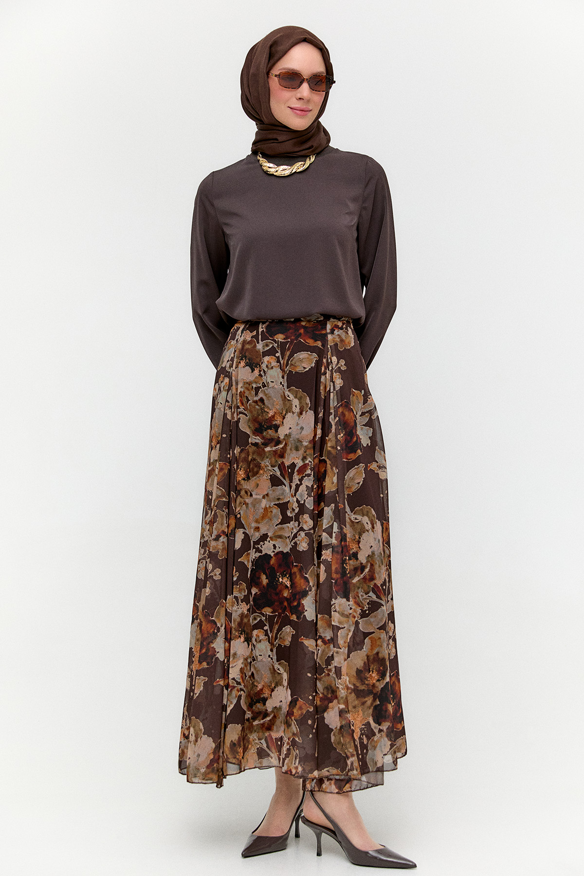 Çiçek Desenli Şifon Etek, Tesettür Giyim