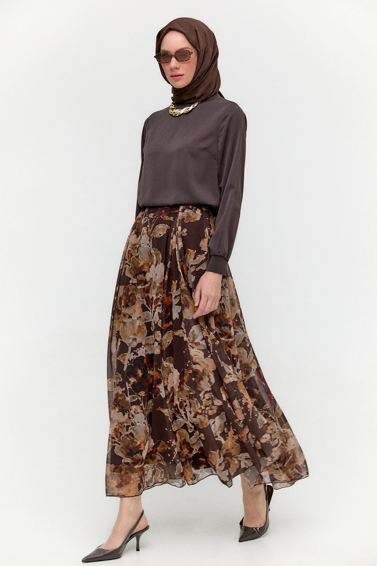 Çiçek Desenli Şifon Etek, Tesettür Giyim