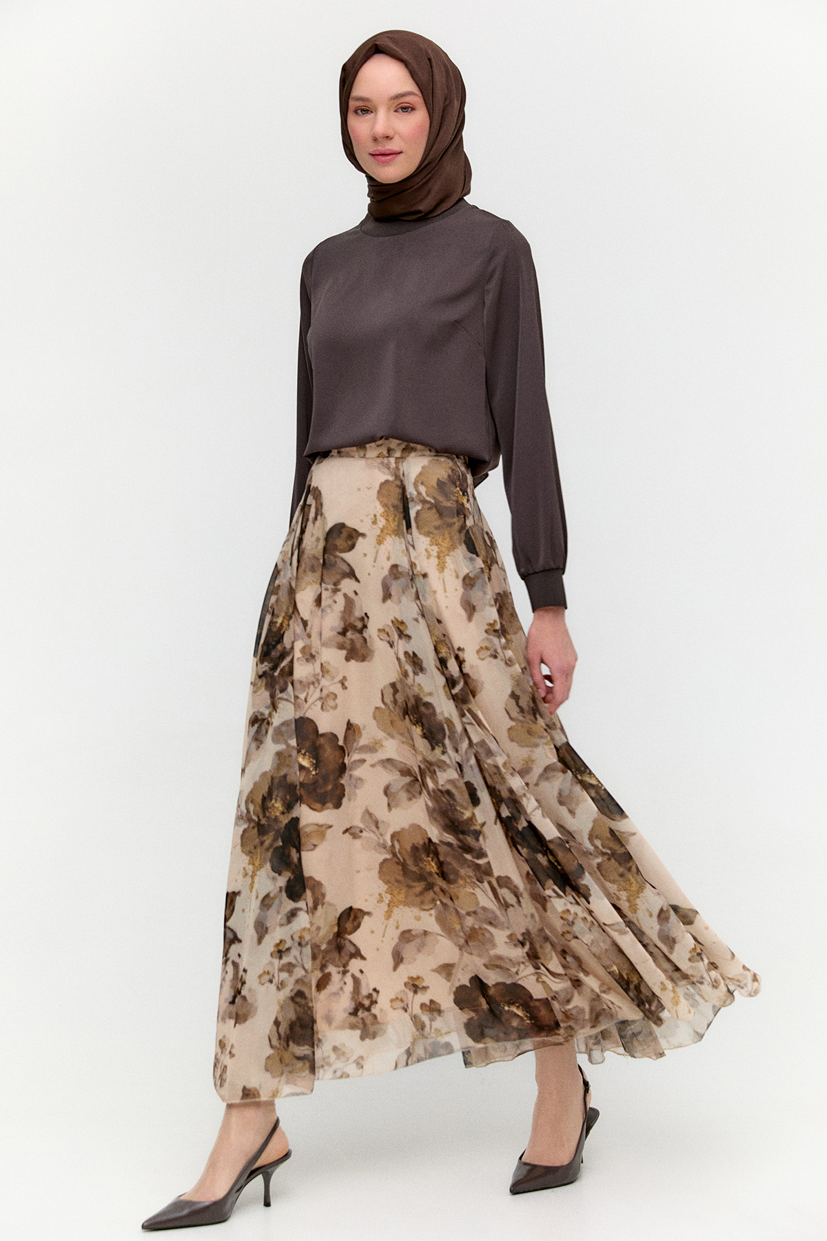 Çiçek Desenli Şifon Etek, Tesettür Giyim