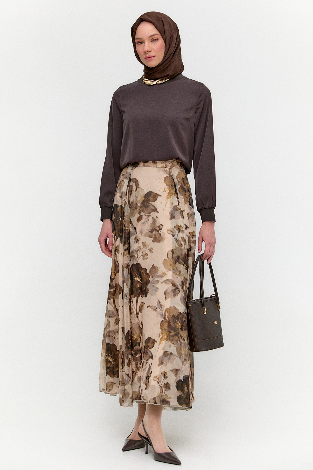 Çiçek Desenli Şifon Etek, Tesettür Giyim