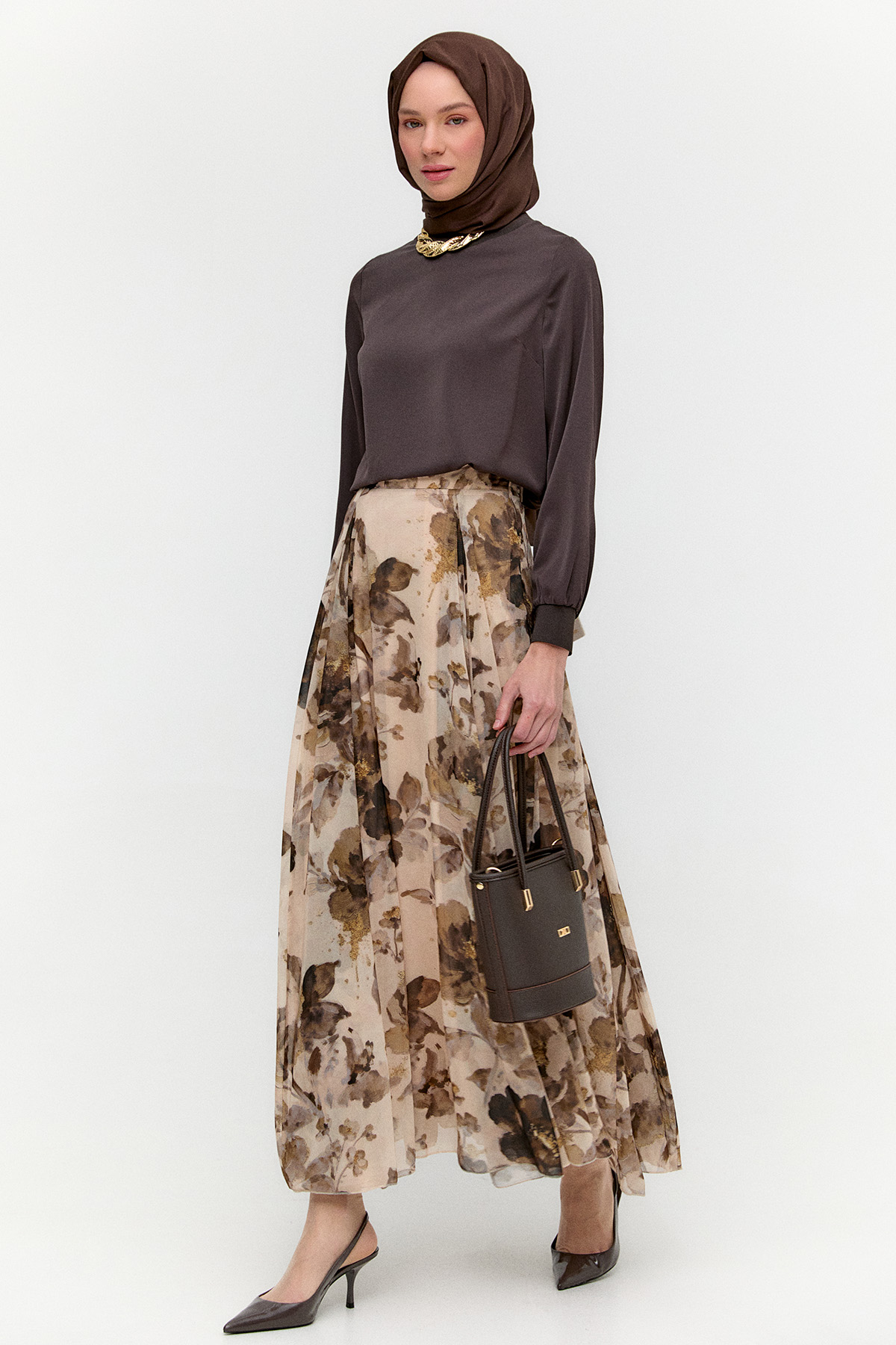 Çiçek Desenli Şifon Etek, Tesettür Giyim
