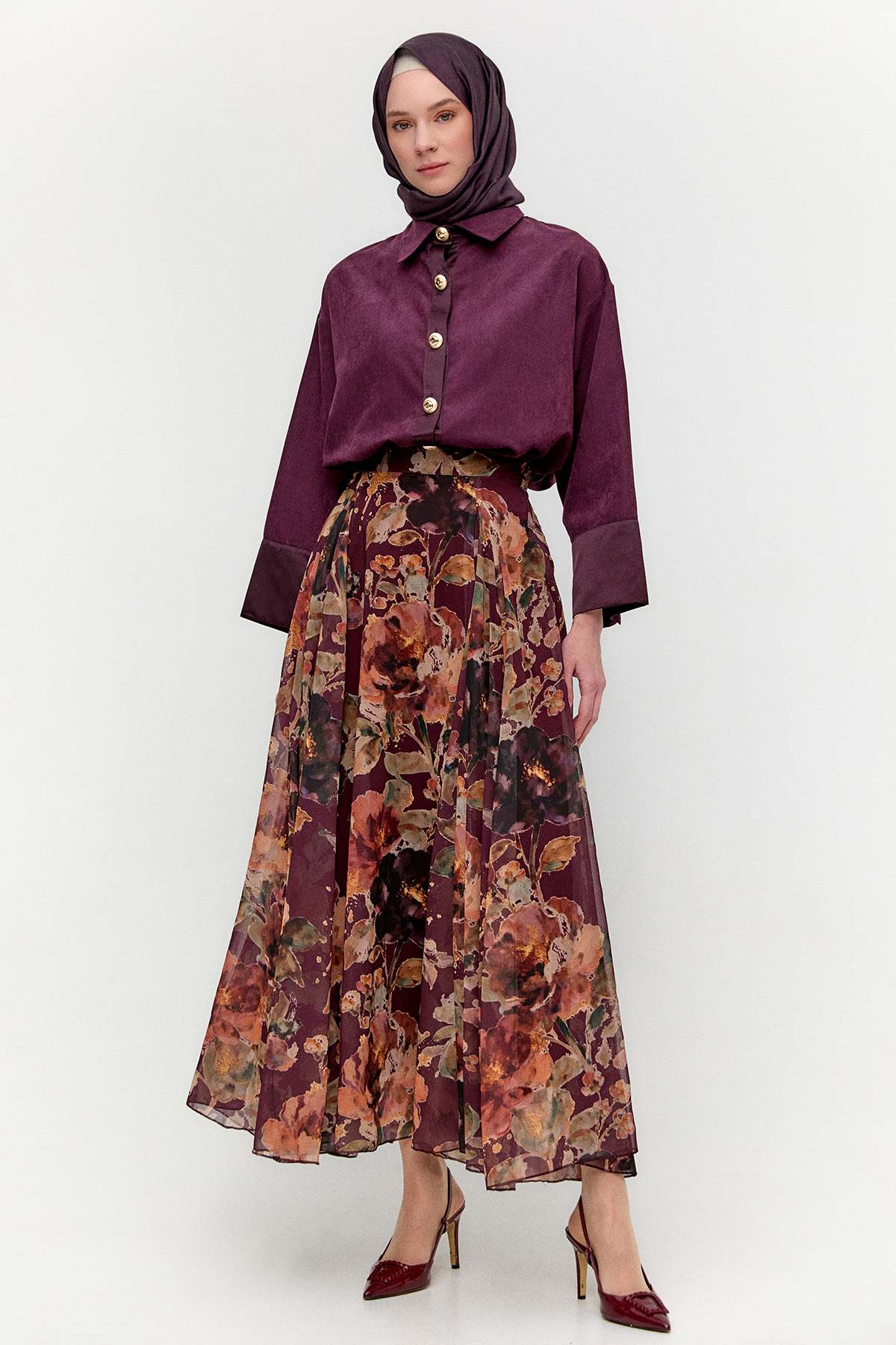 Çiçek Desenli Şifon Etek, Tesettür Giyim