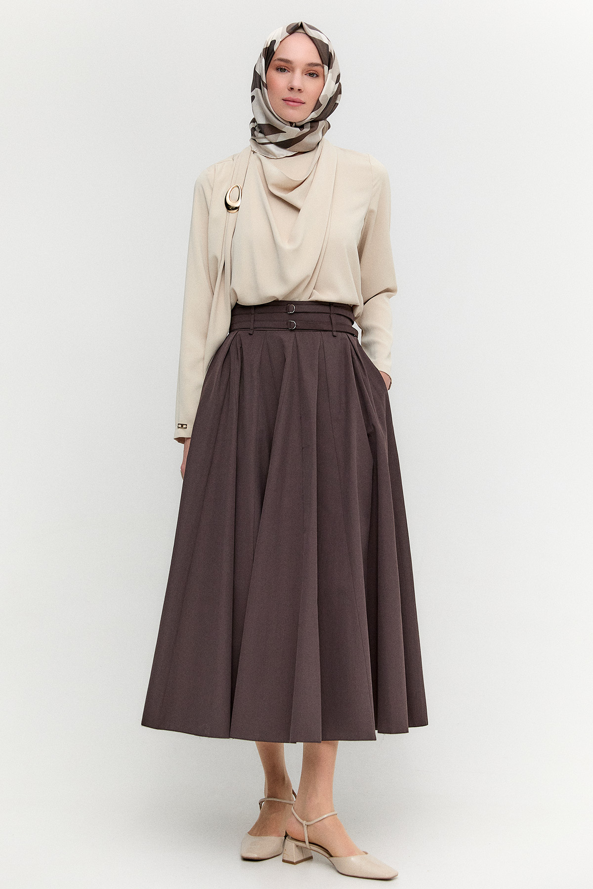 Çift Kemerli Pilikaşeli Pamuklu Etek, Tesettür Giyim