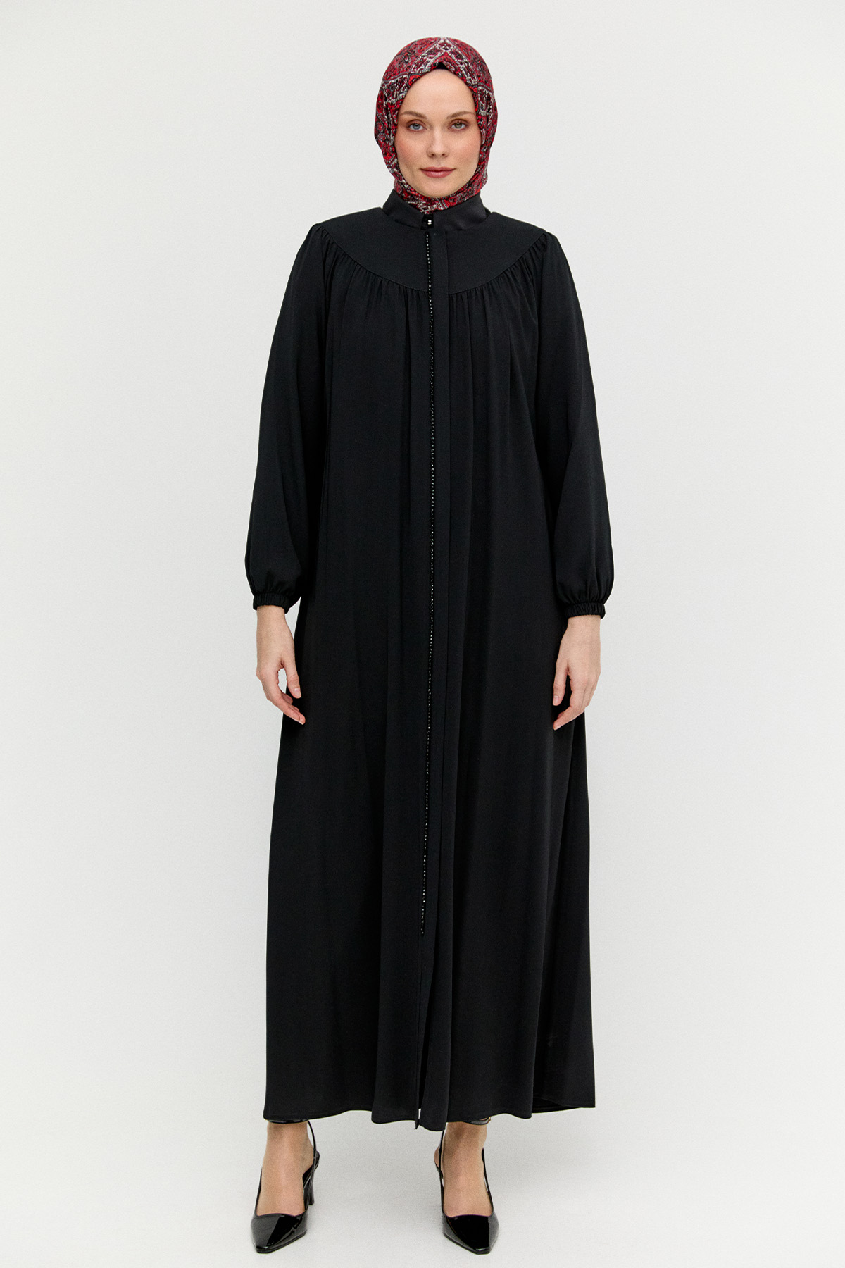 Taş Detaylı Büzgülü Ferace, Tesettür Giyim
