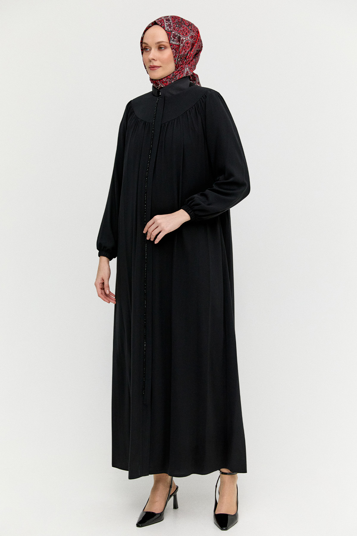 Taş Detaylı Büzgülü Ferace, Tesettür Giyim