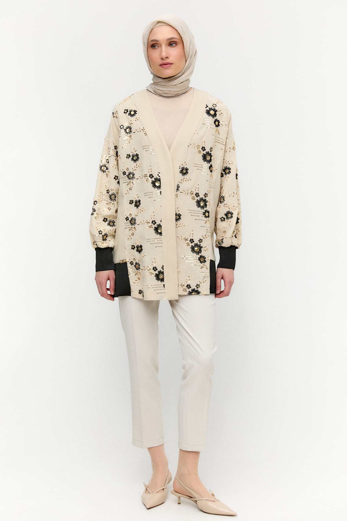 Nakışlı Keten Görünümlü Hırka, Tesettür Giyim