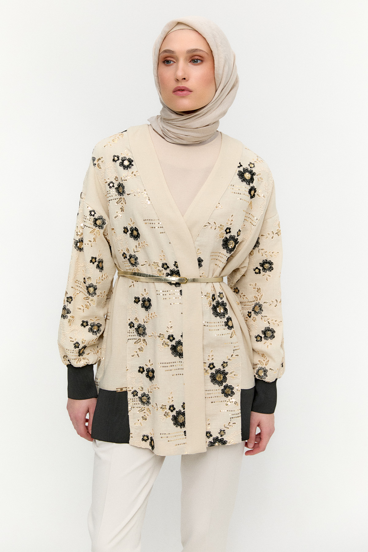 Nakışlı Keten Görünümlü Hırka, Tesettür Giyim