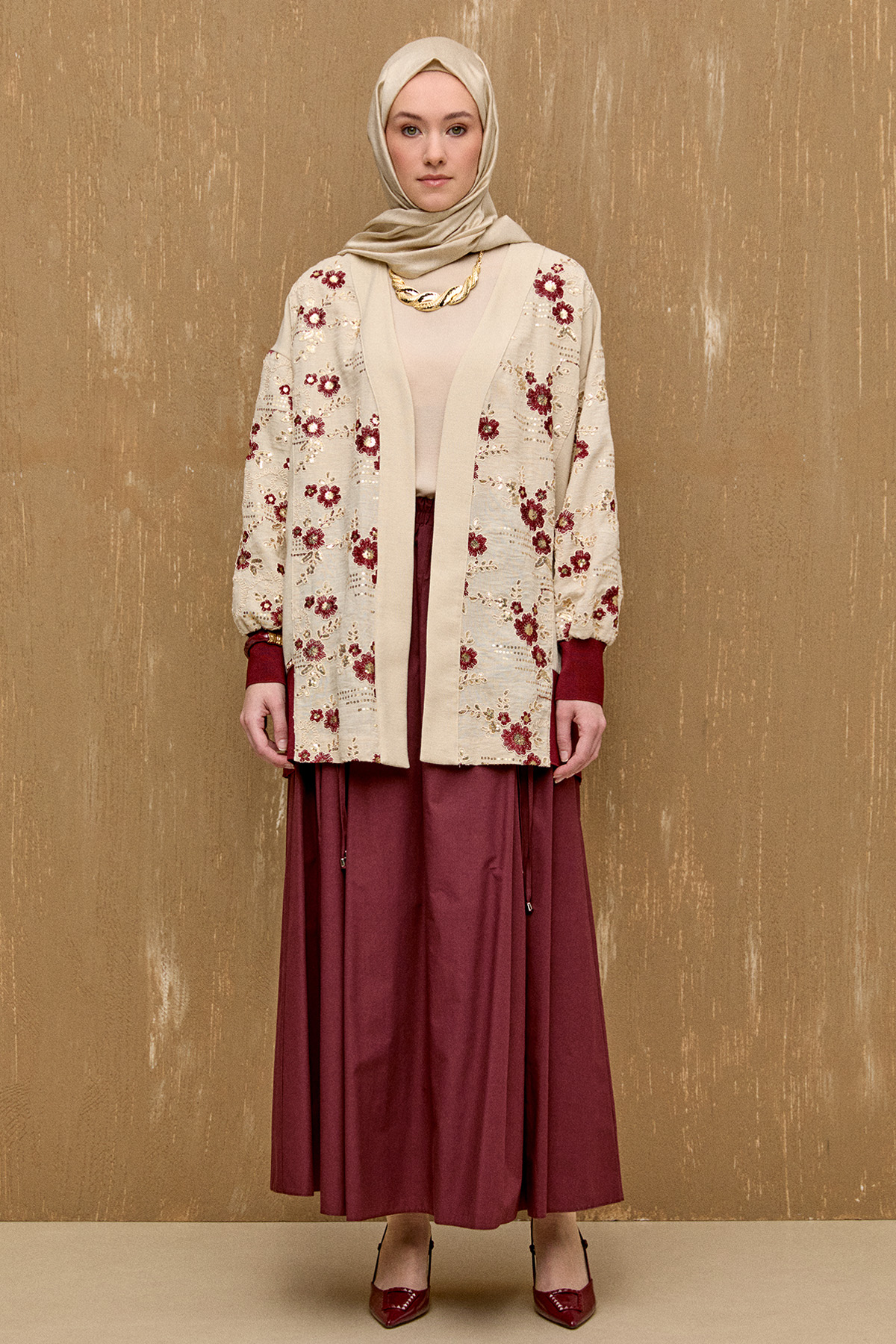 Nakışlı Keten Görünümlü Hırka, Tesettür Giyim