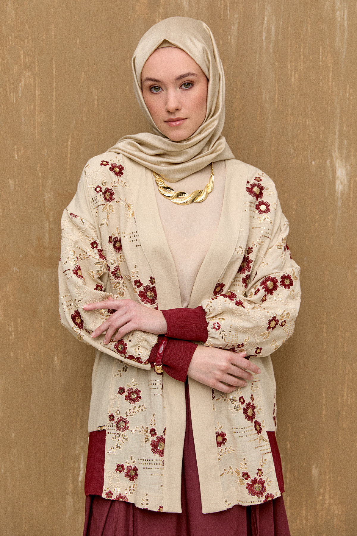 Nakışlı Keten Görünümlü Hırka, Tesettür Giyim