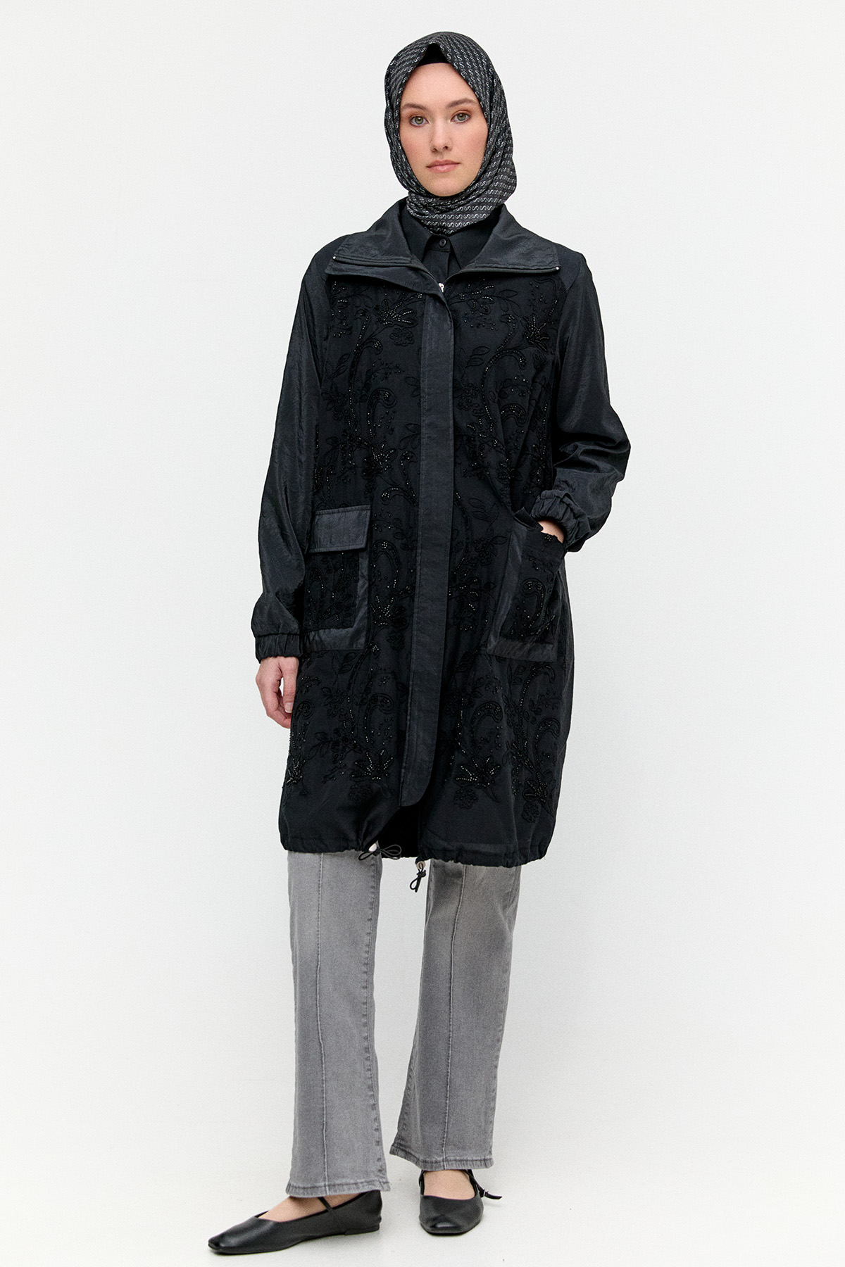 Boncuk Detaylı Çiçekli Kap, Tesettür Giyim