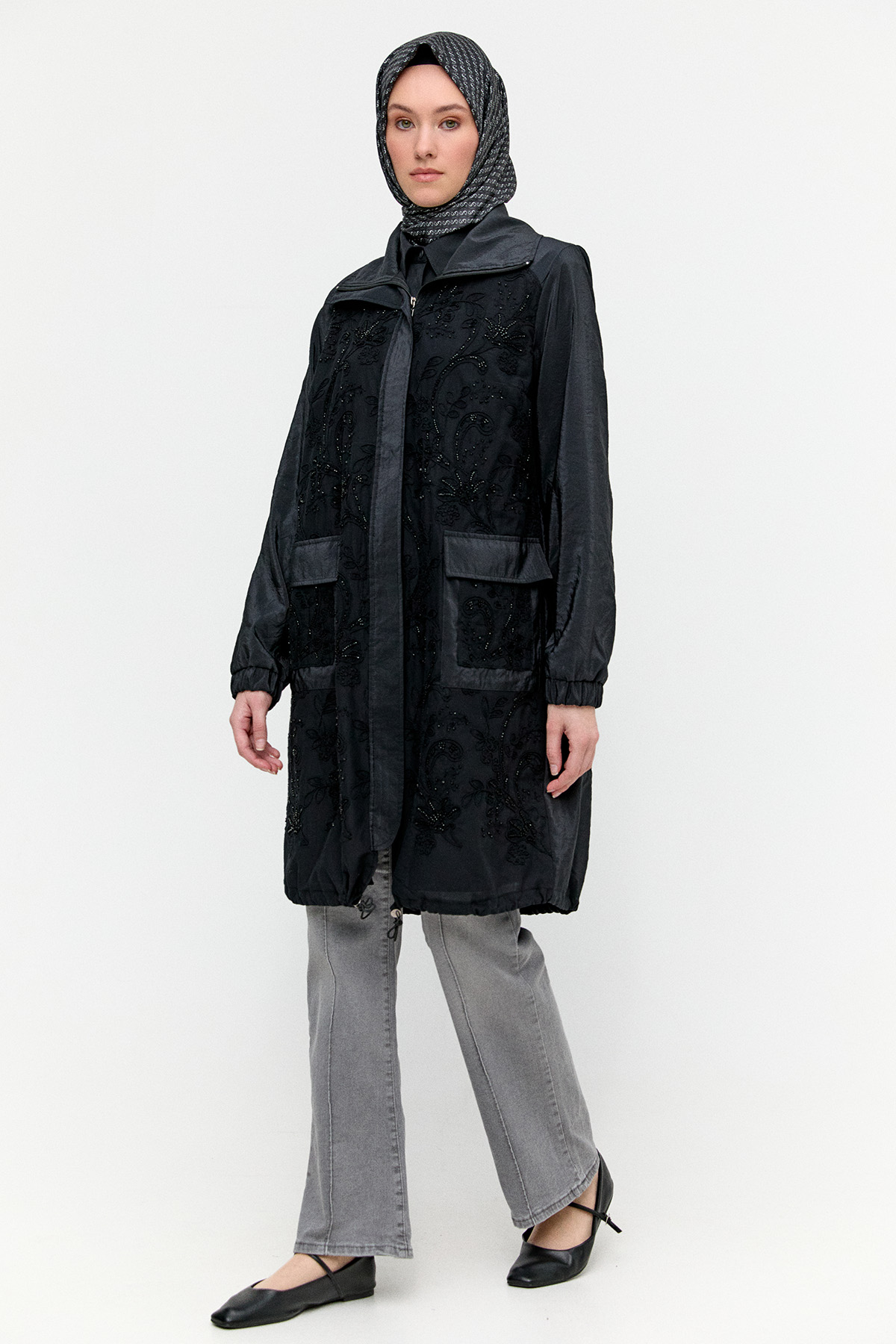 Boncuk Detaylı Çiçekli Kap, Tesettür Giyim