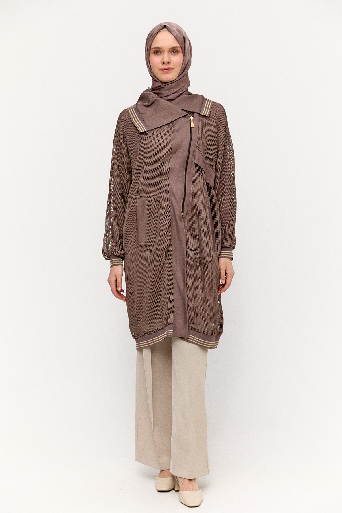 Asimetrik Yakalı File Kap, Tesettür Giyim