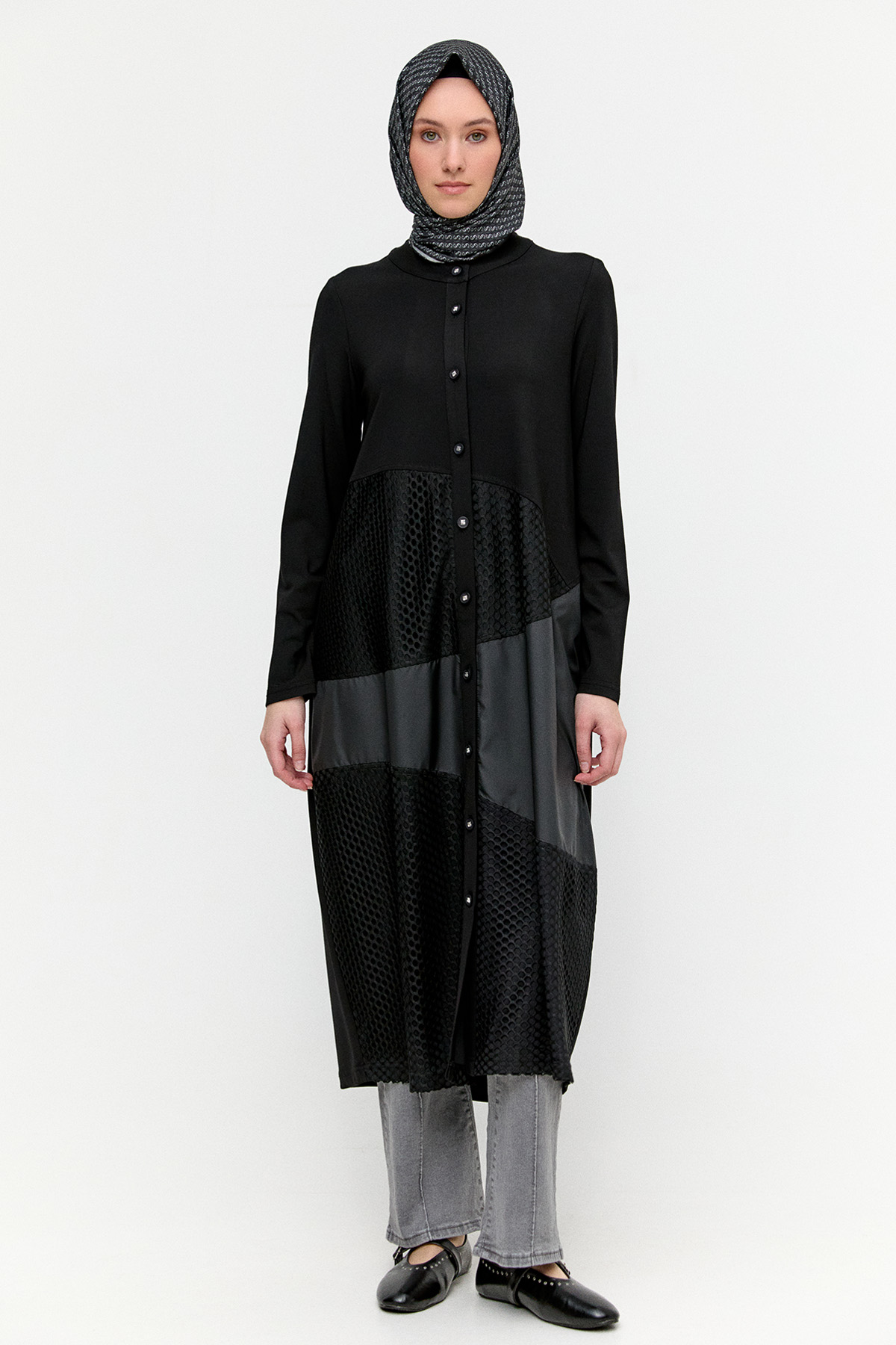 File Detaylı Düğmeli Kap, Tesettür Giyim