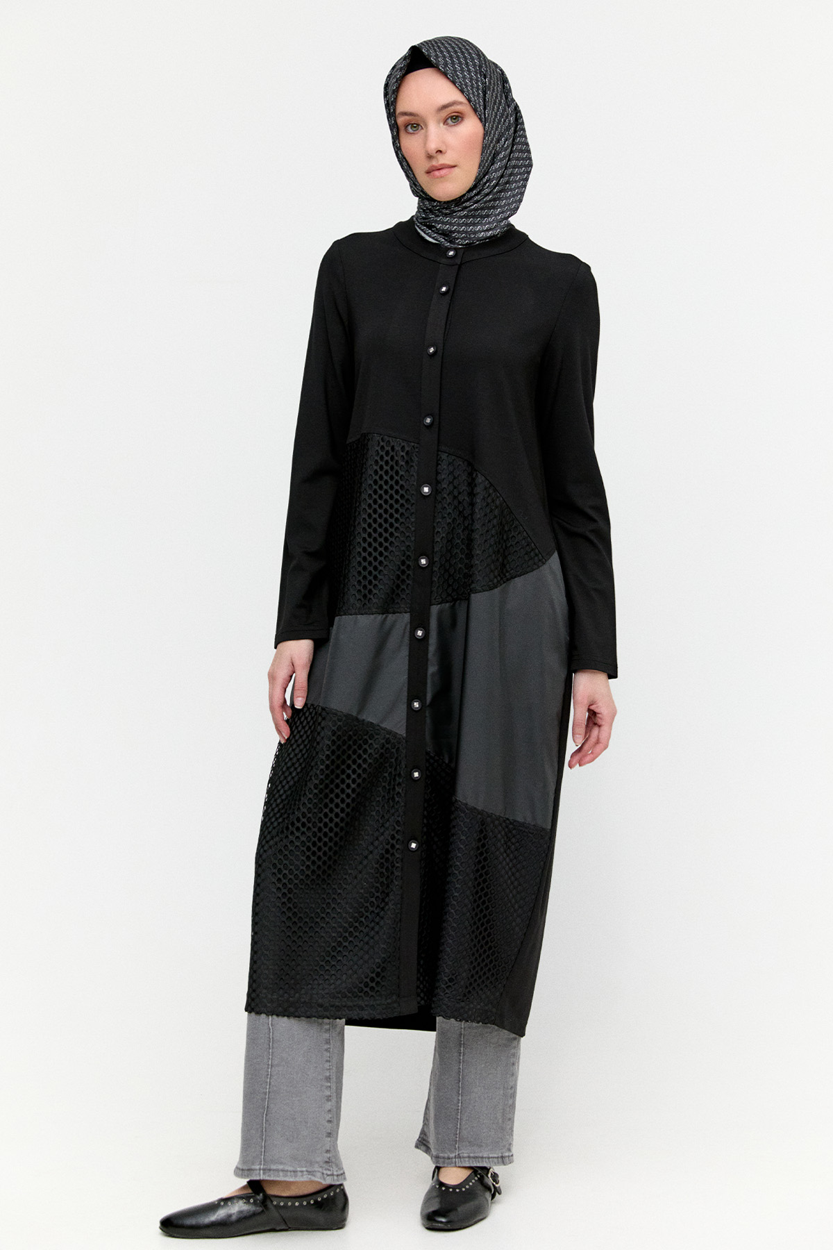 File Detaylı Düğmeli Kap, Tesettür Giyim