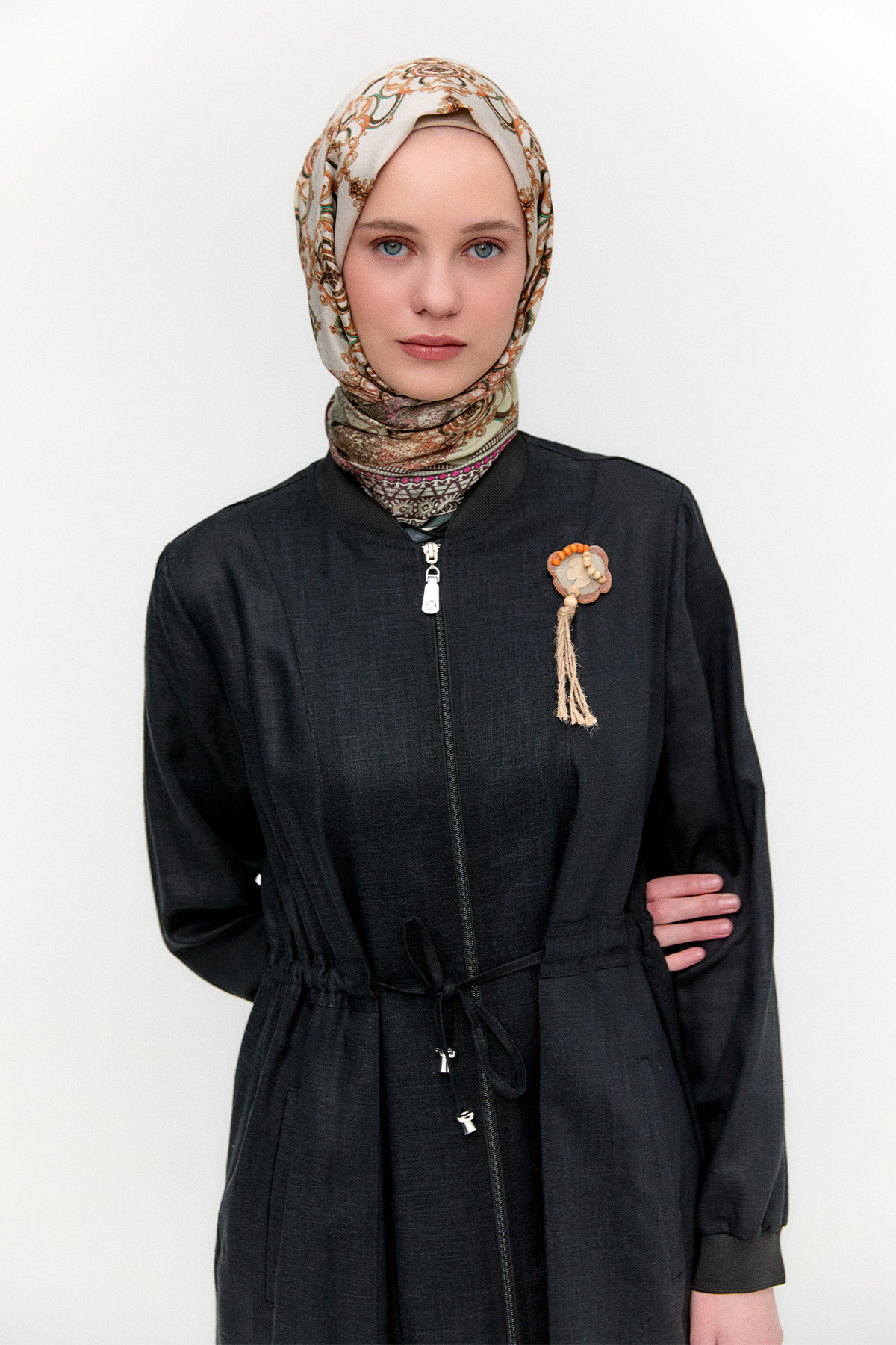 Fermuarlı Keten Bomber Kap, Tesettür Giyim