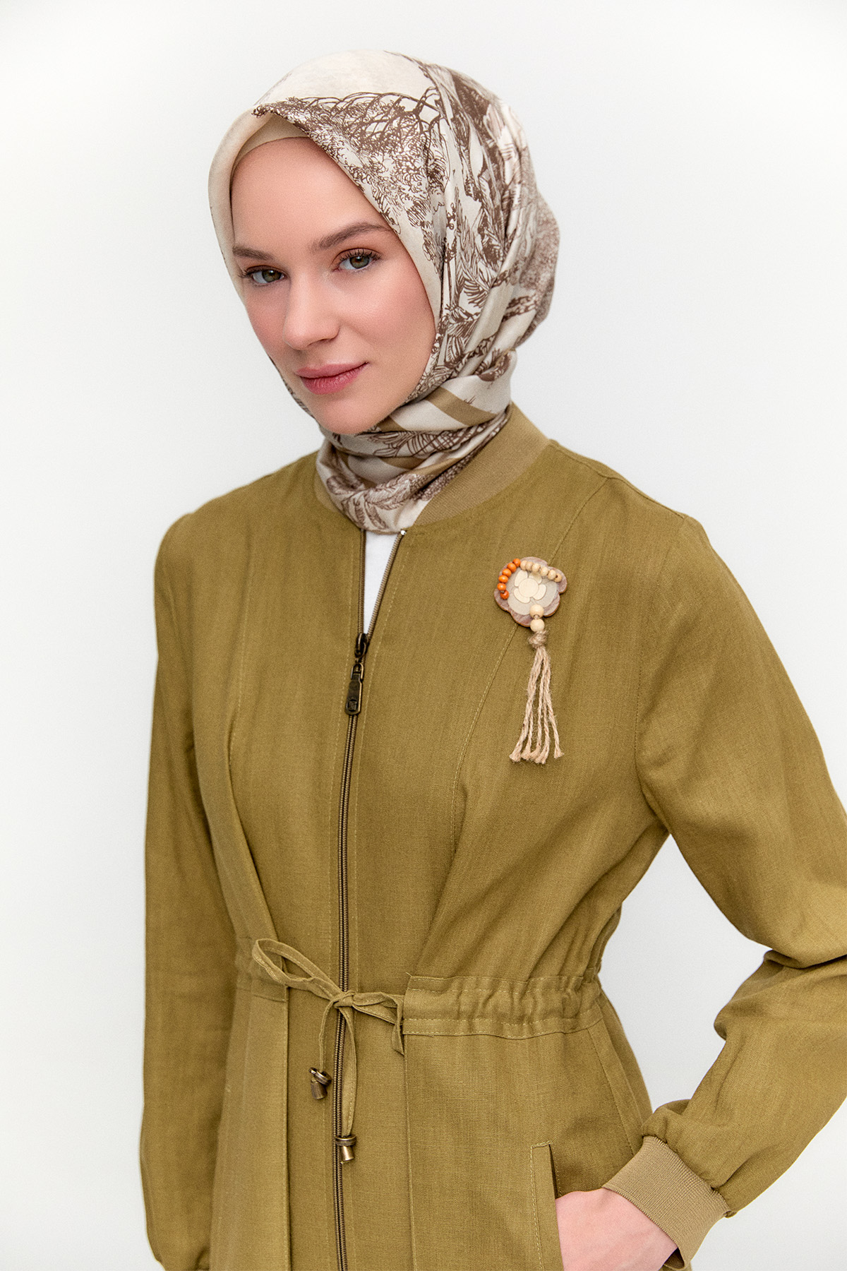 Fermuarlı Keten Bomber Kap, Tesettür Giyim