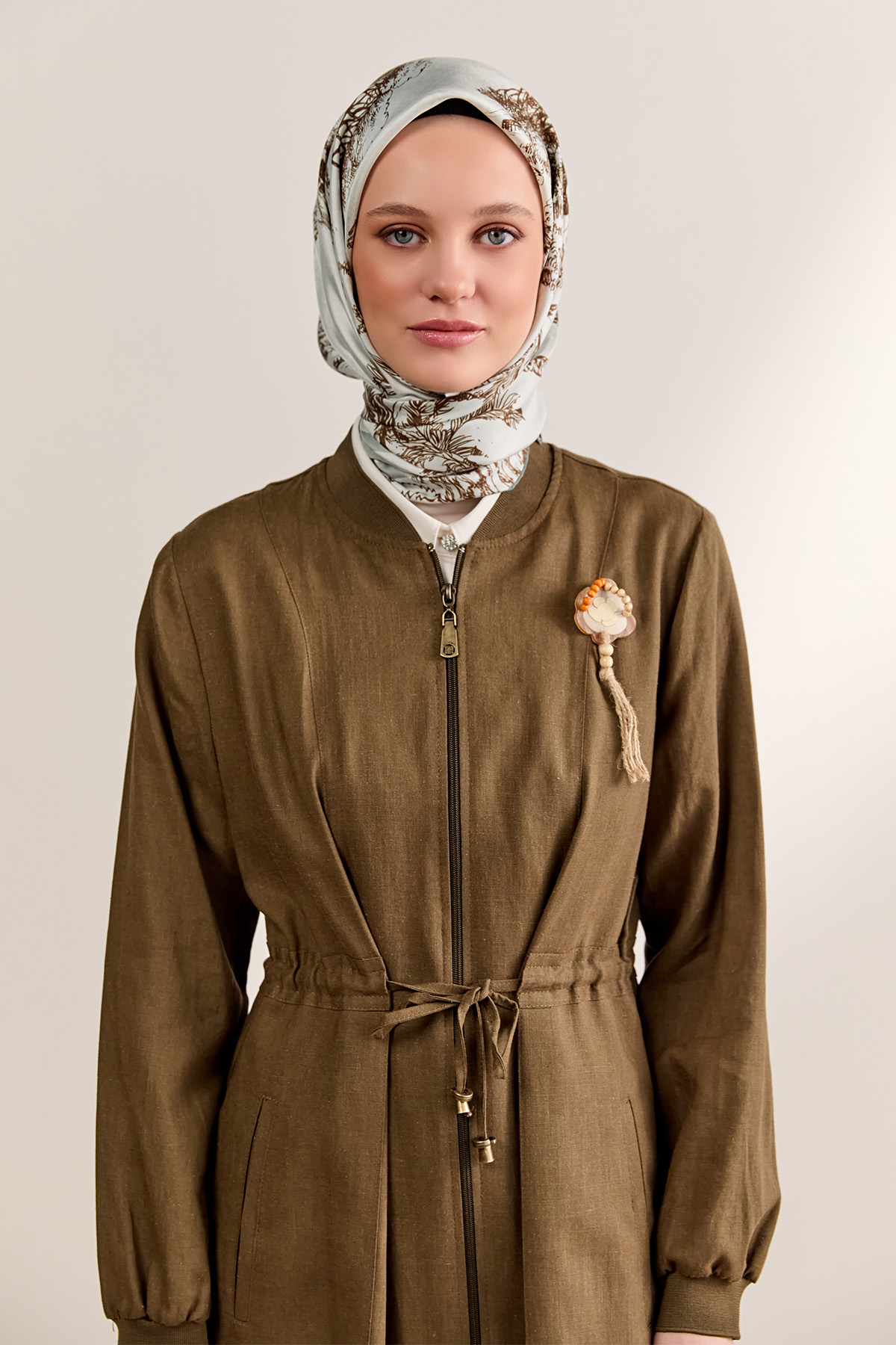 Fermuarlı Keten Bomber Kap, Tesettür Giyim