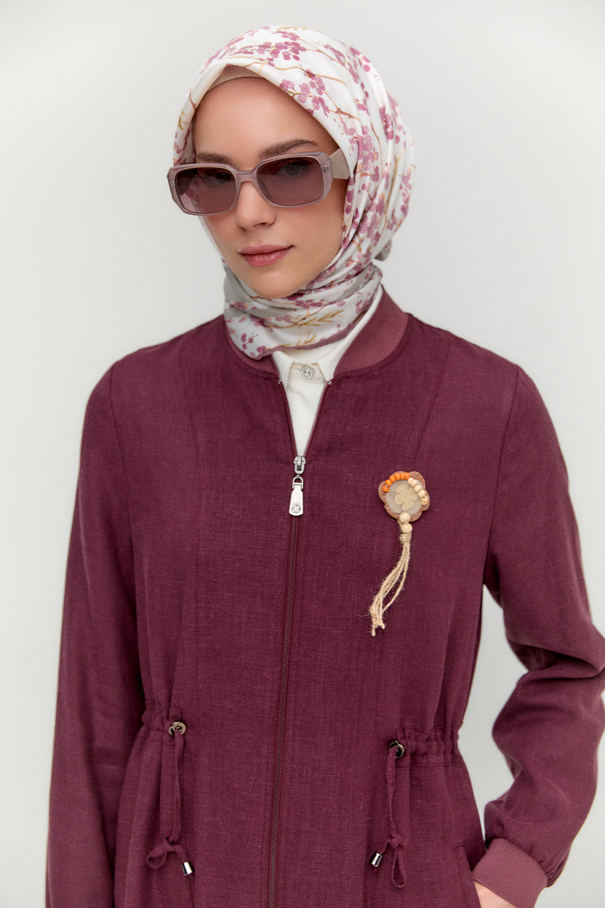 Fermuarlı Keten Bomber Kap, Tesettür Giyim