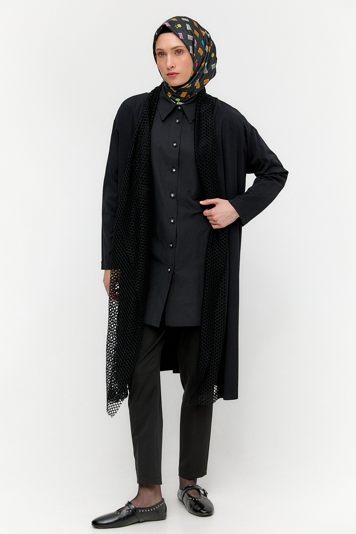 File Detaylı Şal Yaka Kap, Tesettür Giyim