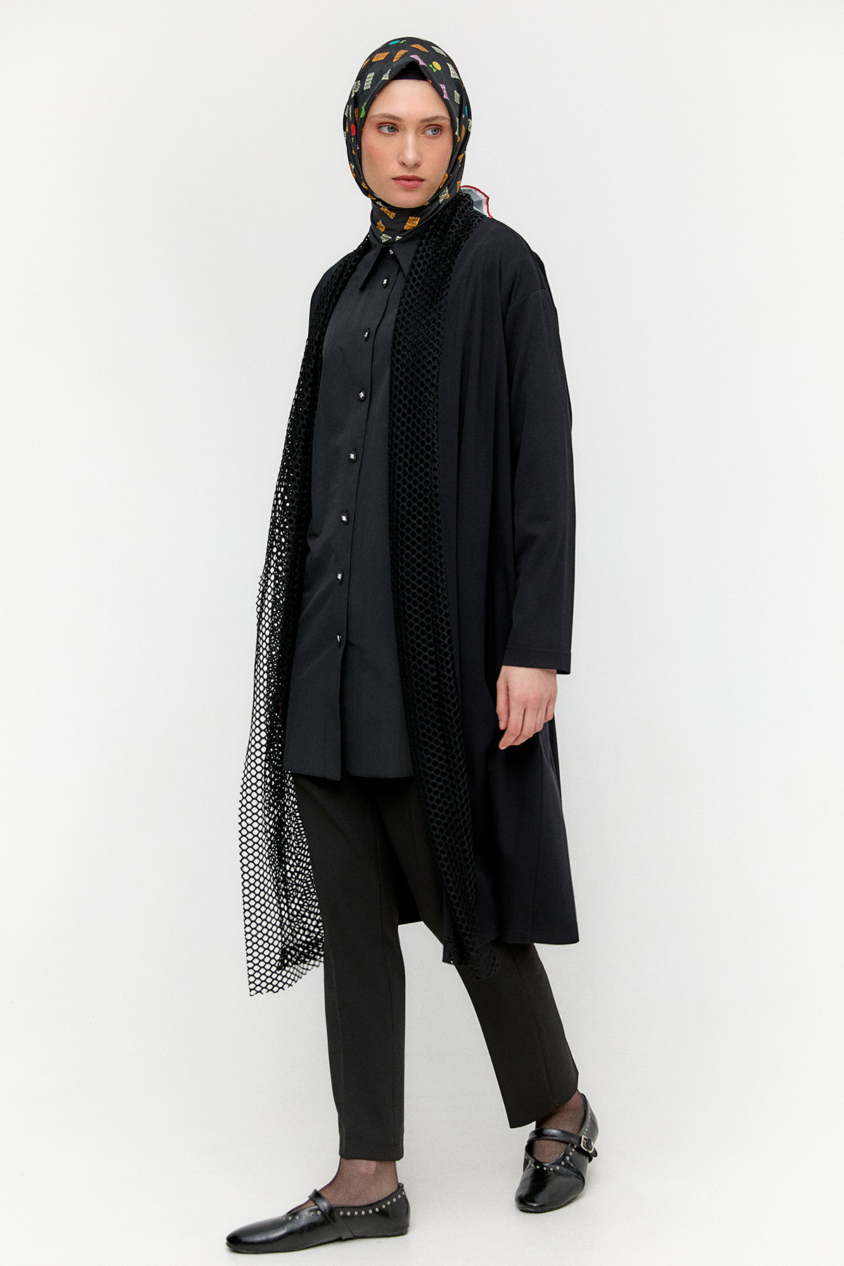 File Detaylı Şal Yaka Kap, Tesettür Giyim