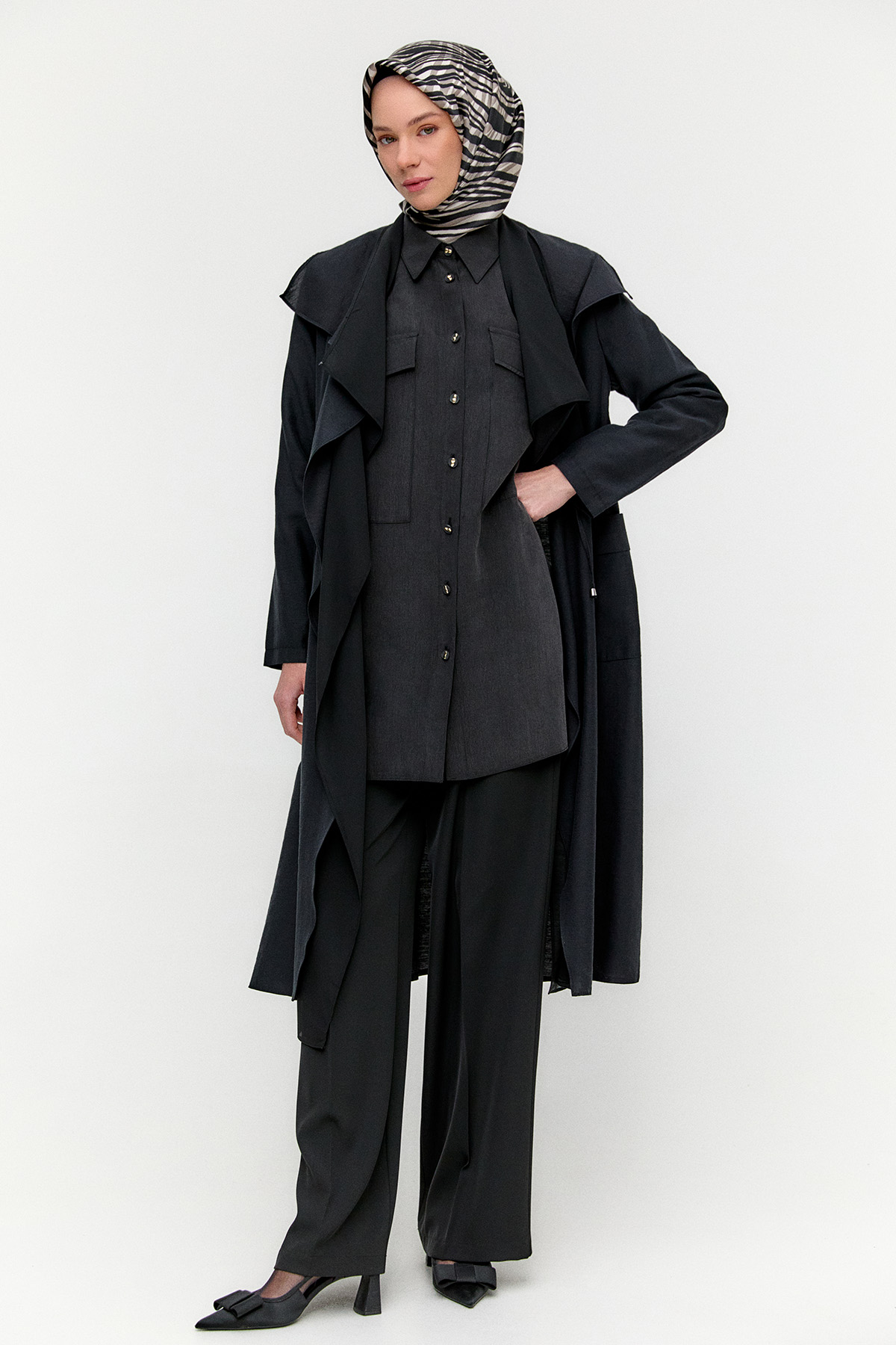 Şifon Parçalı Keten Görünümlü Kap, Tesettür Giyim