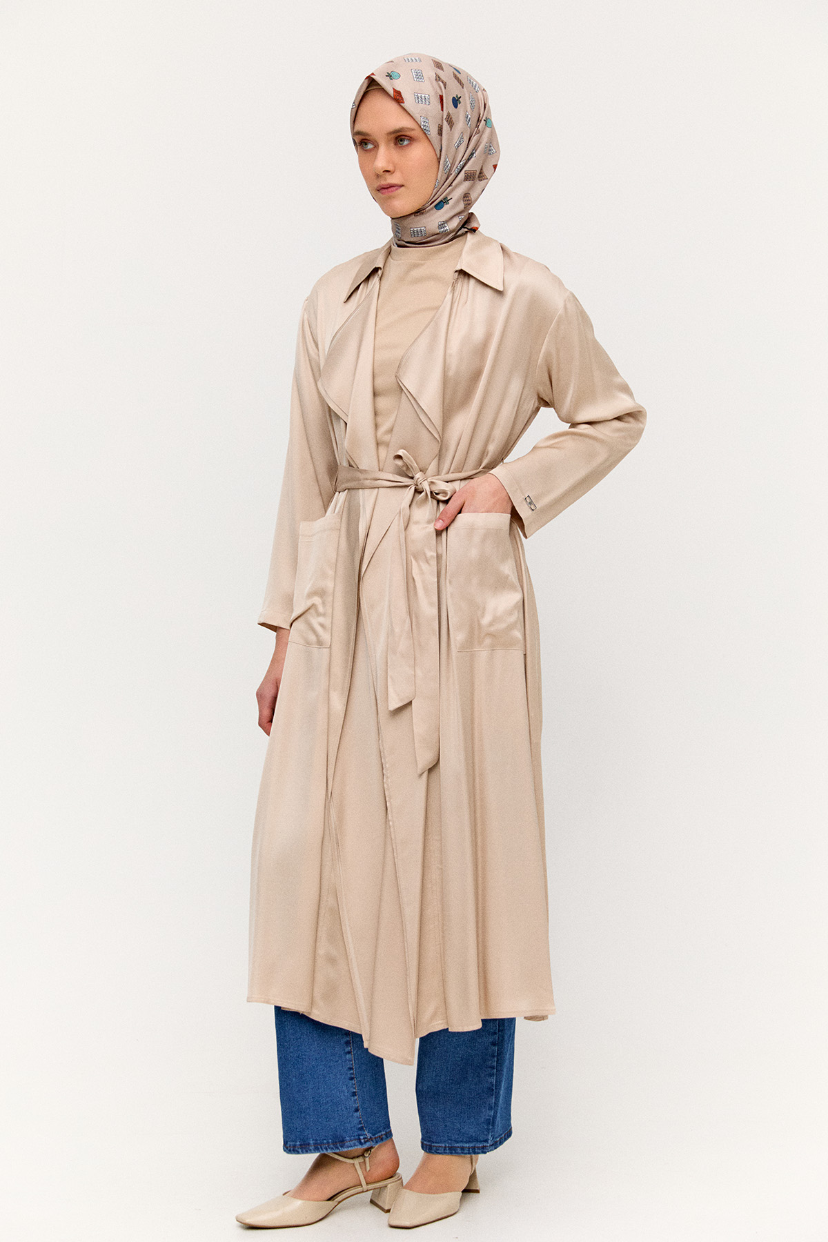 Kuşaklı Saten Kap, Tesettür Giyim