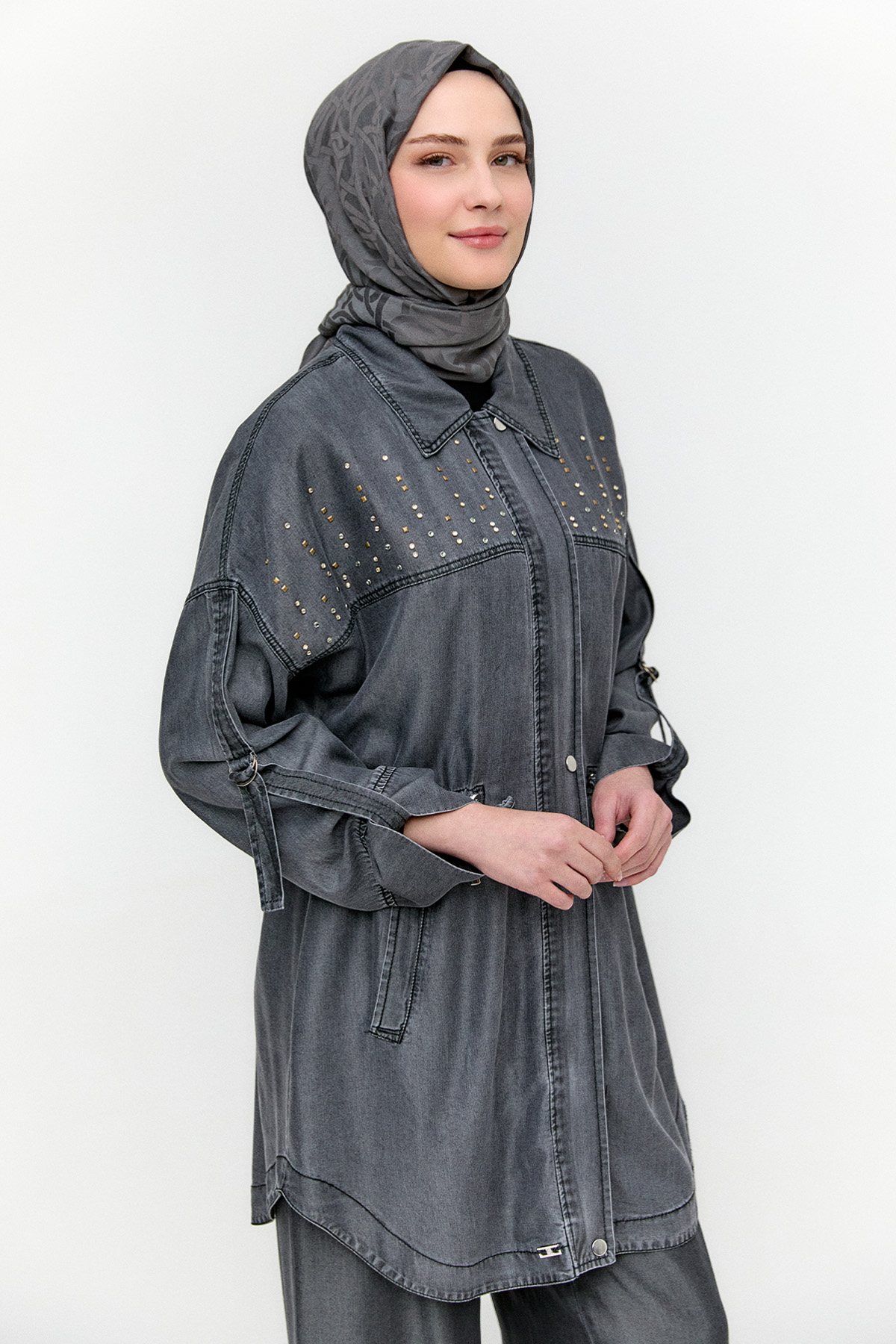 Hotfix Baskılı Oversize Pamuk Kap, Tesettür Giyim