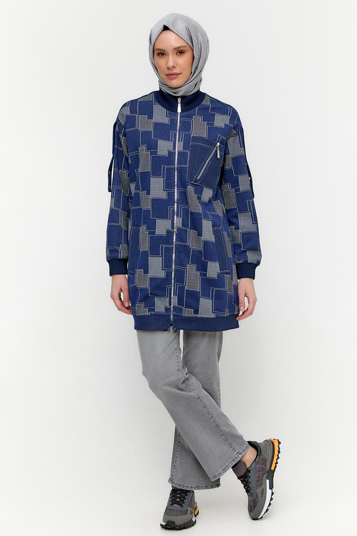 Ribanalı Blok Desenli Fermuarlı Kap, Tesettür Giyim