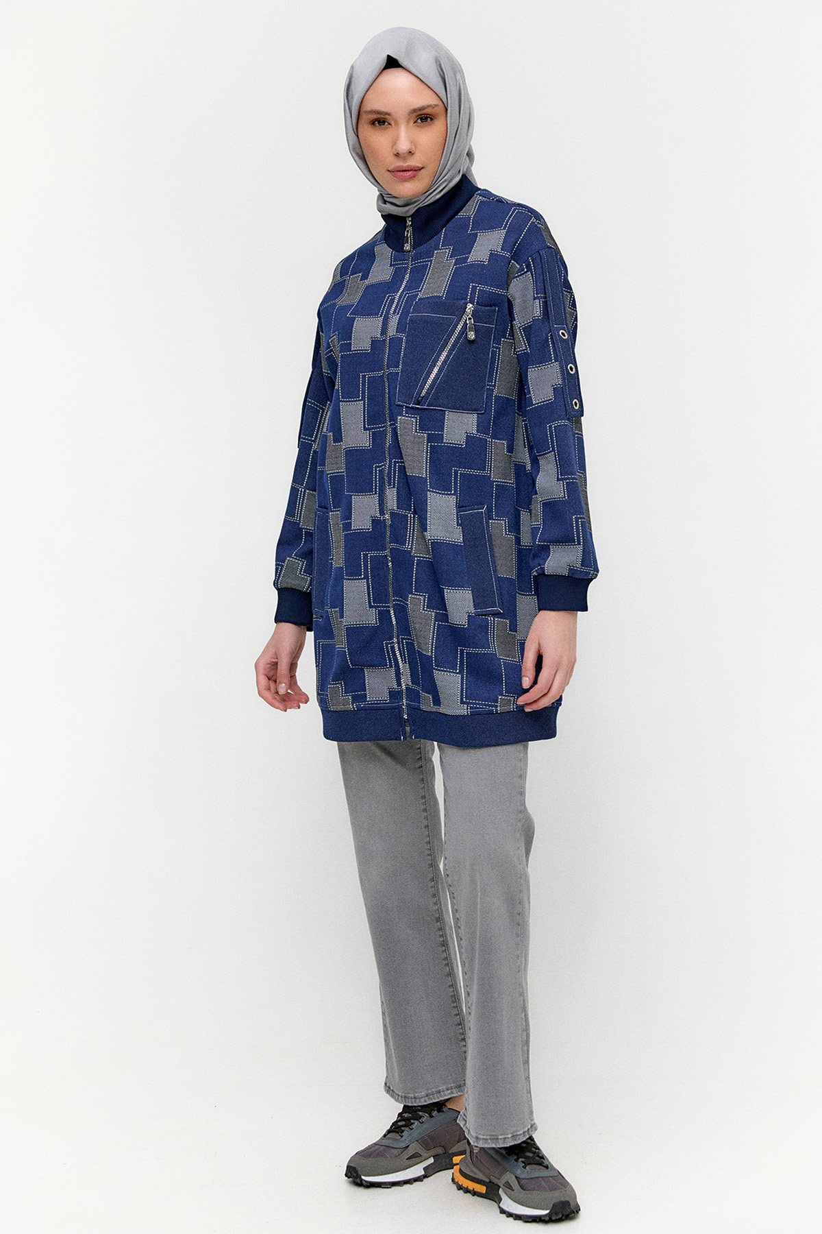 Ribanalı Blok Desenli Fermuarlı Kap, Tesettür Giyim