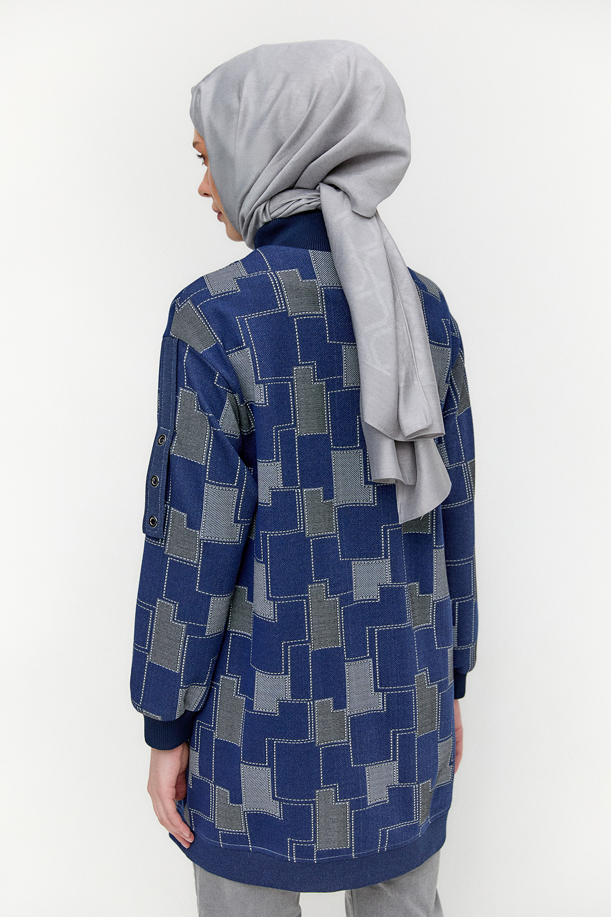 Ribanalı Blok Desenli Fermuarlı Kap, Tesettür Giyim