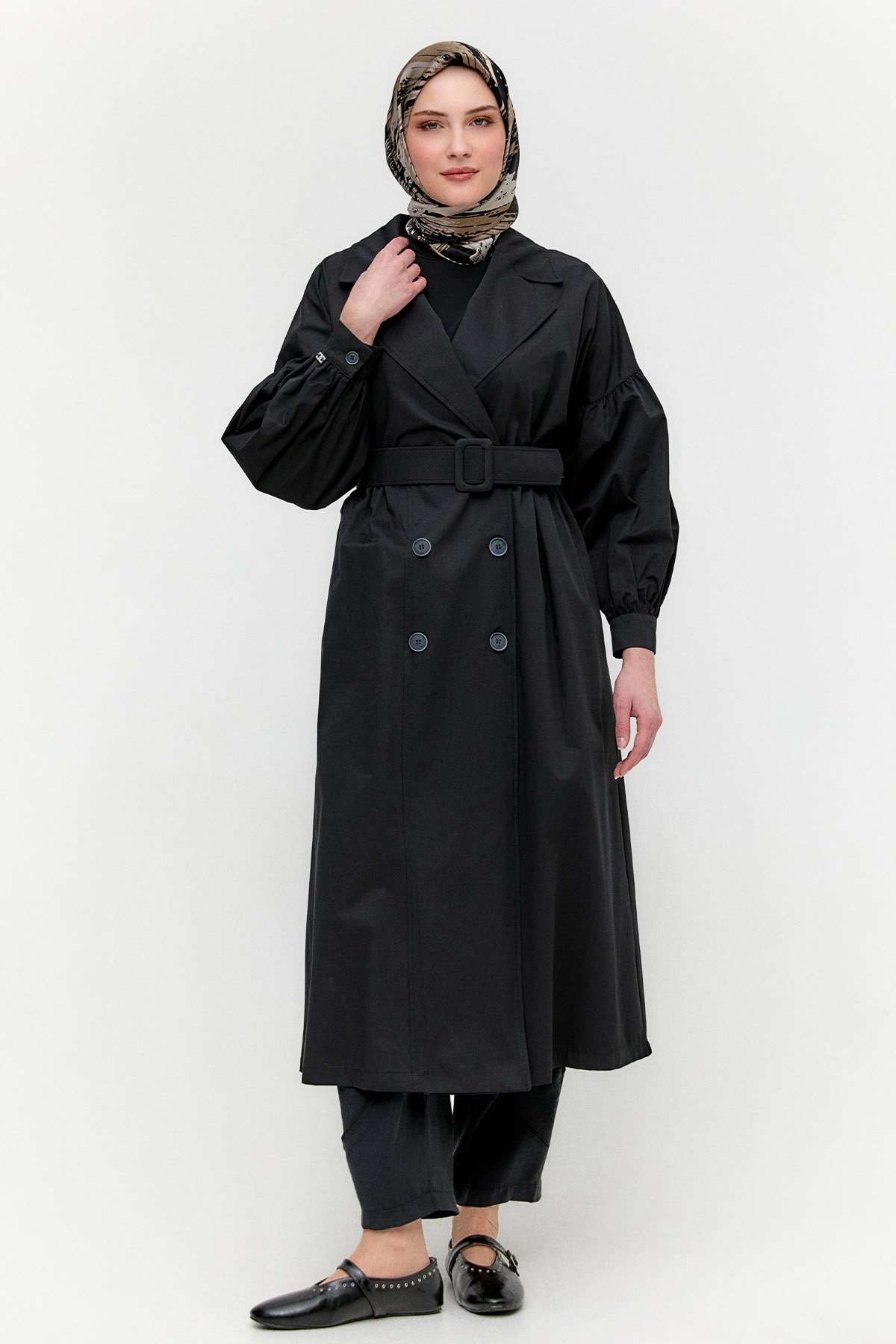 Kruvaze Kemerli Pamuklu Trençkot, Tesettür Giyim