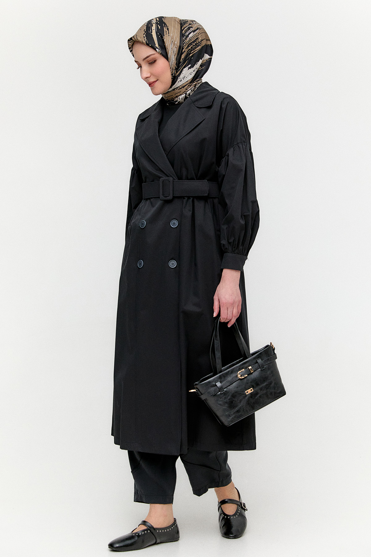 Kruvaze Kemerli Pamuklu Trençkot, Tesettür Giyim