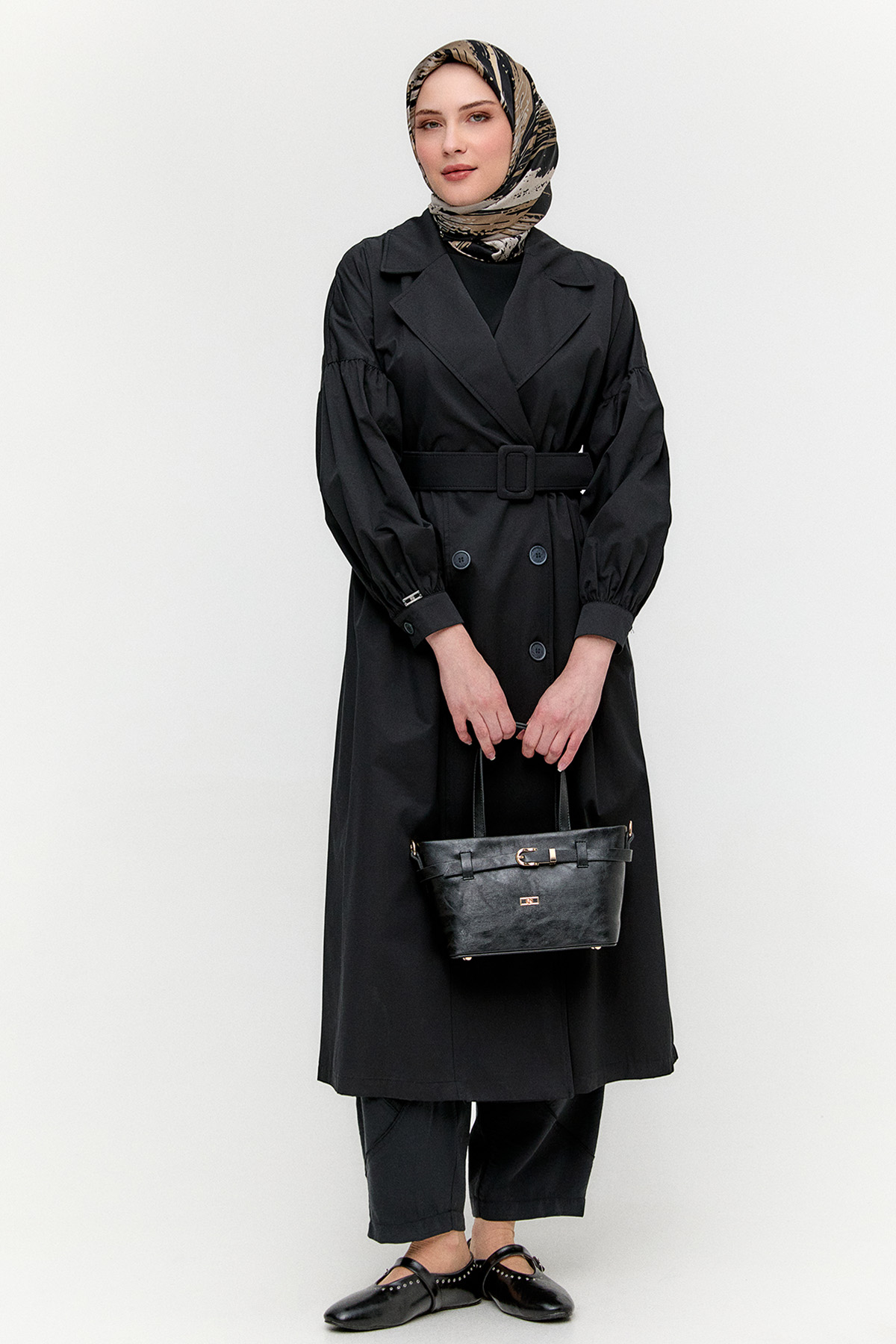 Kruvaze Kemerli Pamuklu Trençkot, Tesettür Giyim