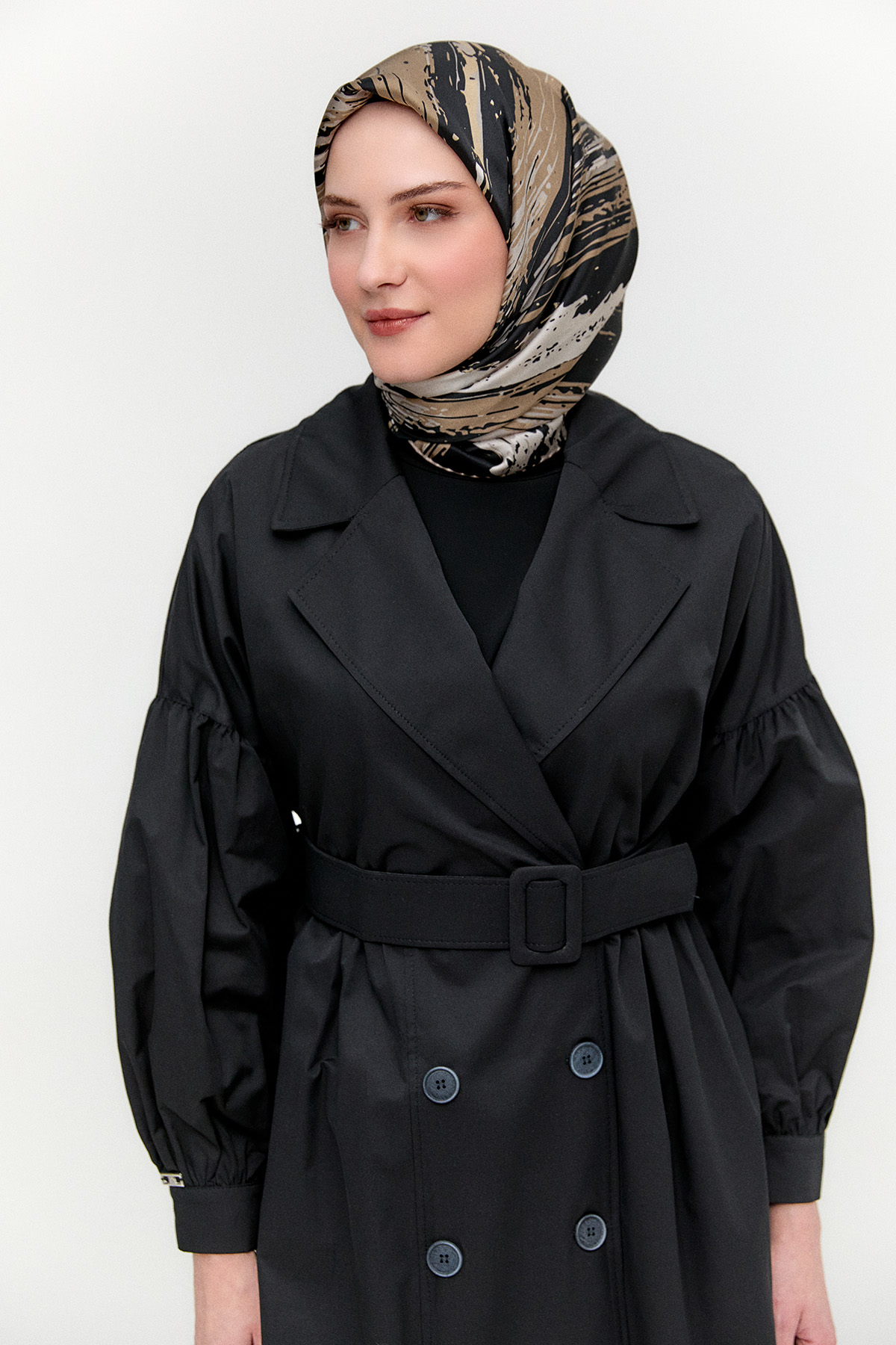 Kruvaze Kemerli Pamuklu Trençkot, Tesettür Giyim