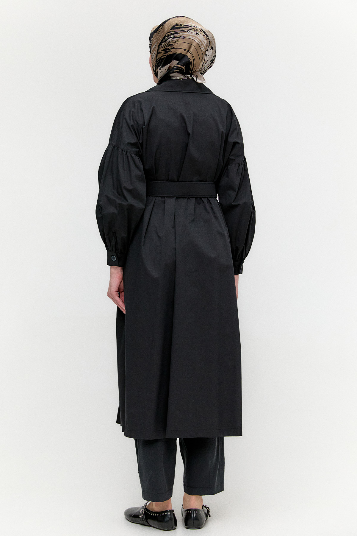 Kruvaze Kemerli Pamuklu Trençkot, Tesettür Giyim