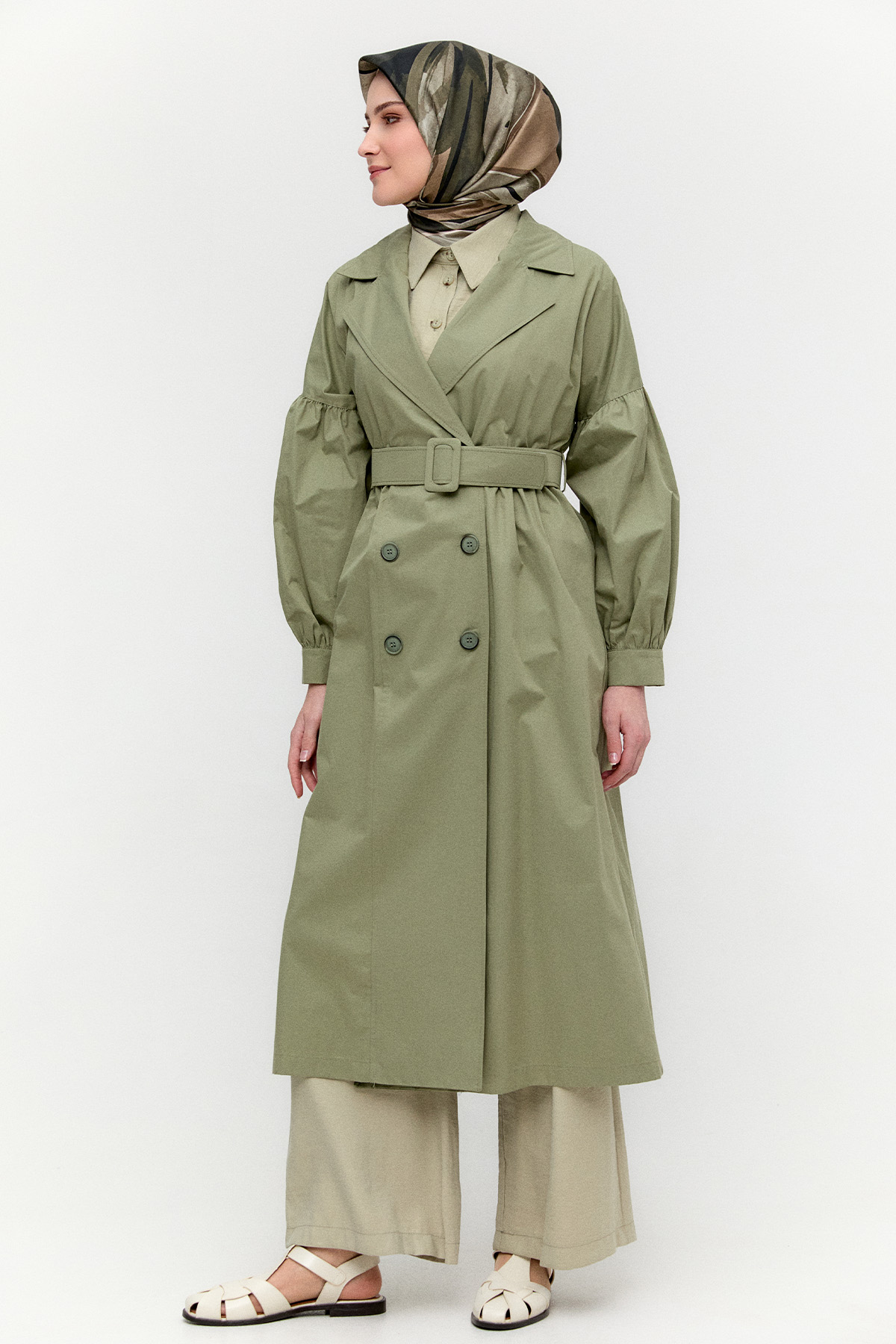 Kruvaze Kemerli Pamuklu Trençkot, Tesettür Giyim