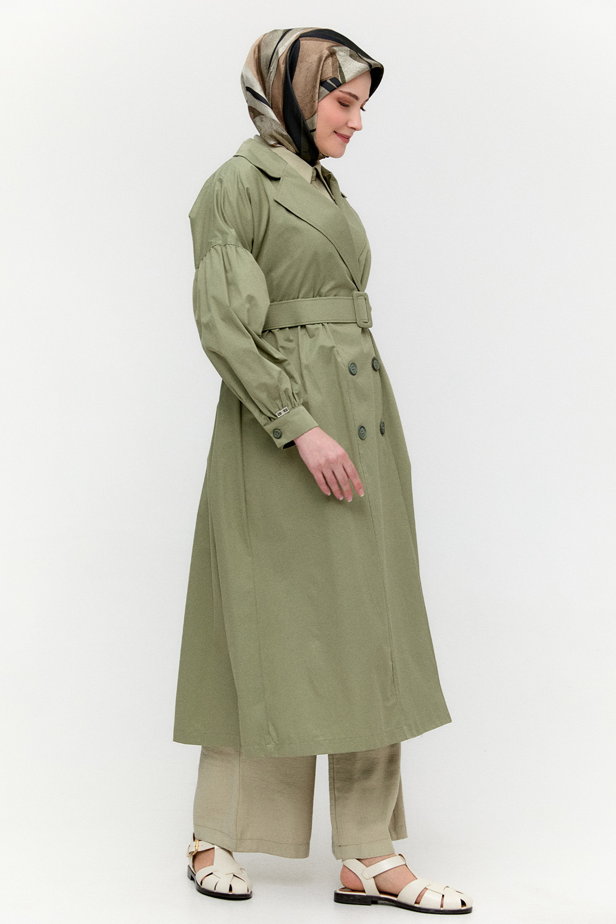 Kruvaze Kemerli Pamuklu Trençkot, Tesettür Giyim