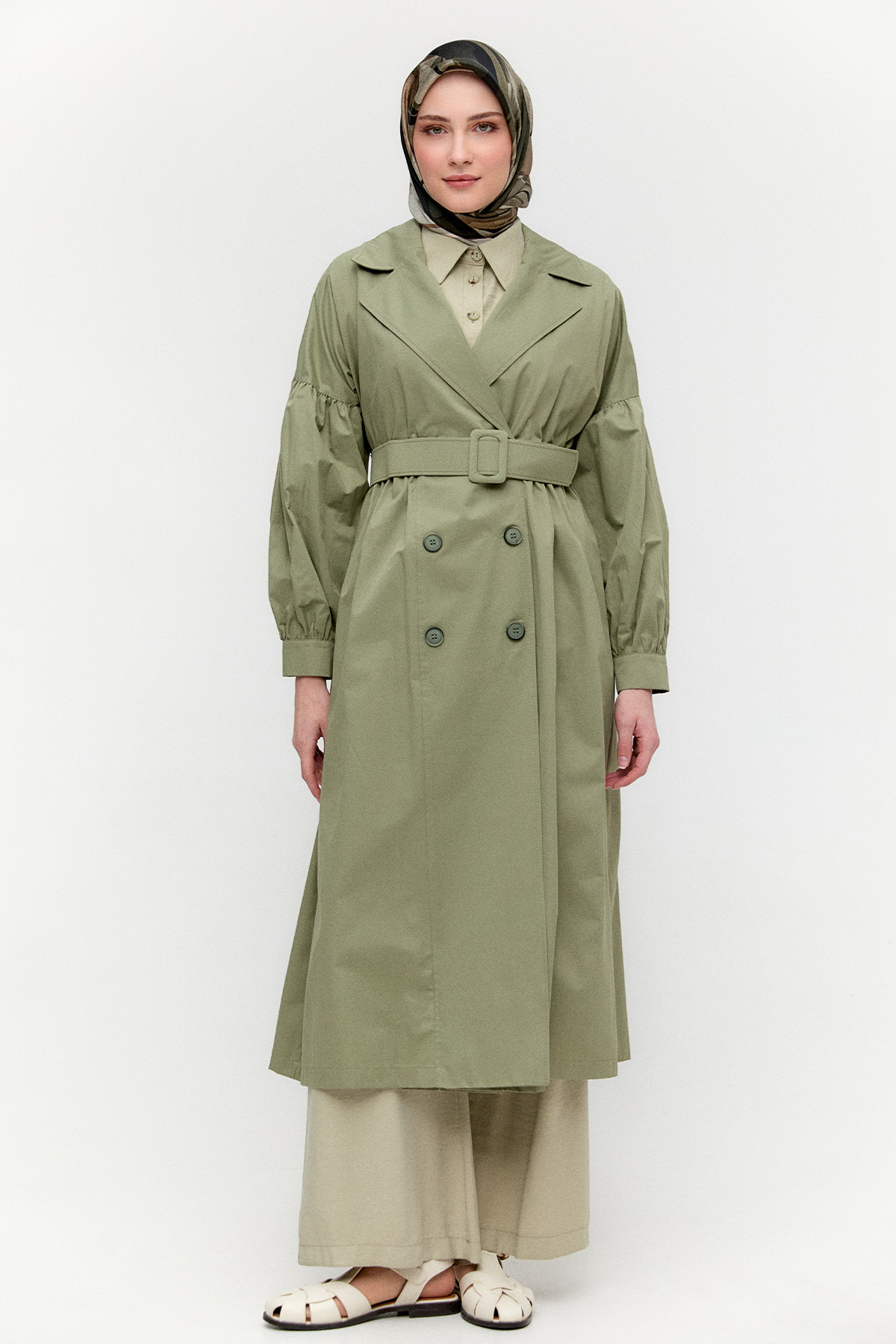 Kruvaze Kemerli Pamuklu Trençkot, Tesettür Giyim
