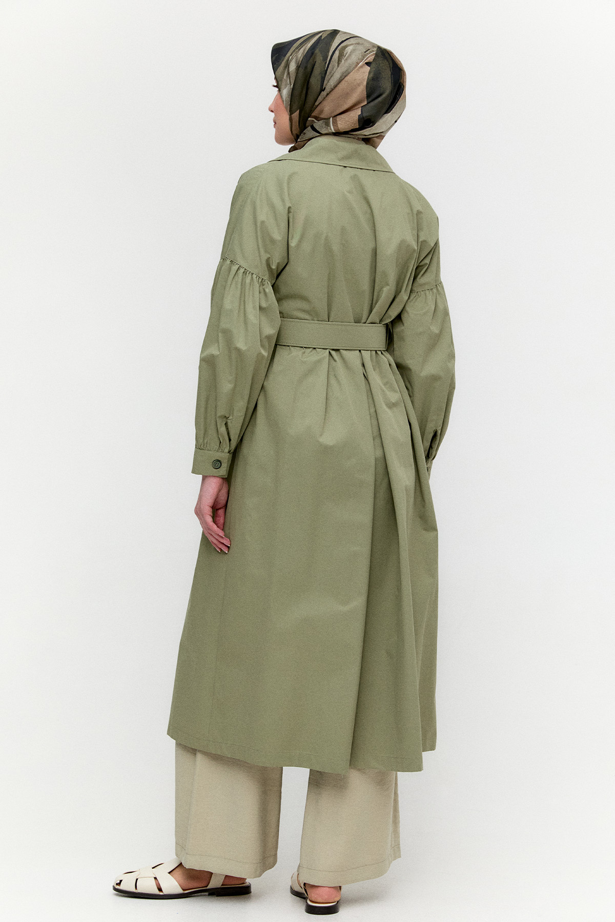 Kruvaze Kemerli Pamuklu Trençkot, Tesettür Giyim