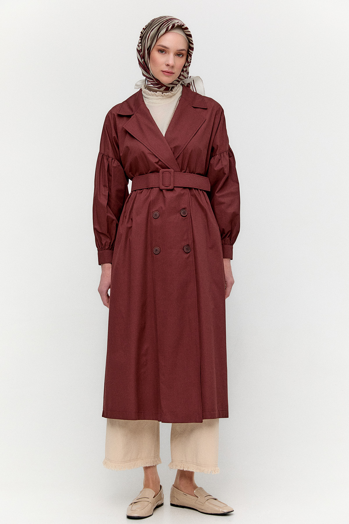 Kruvaze Kemerli Pamuklu Trençkot, Tesettür Giyim