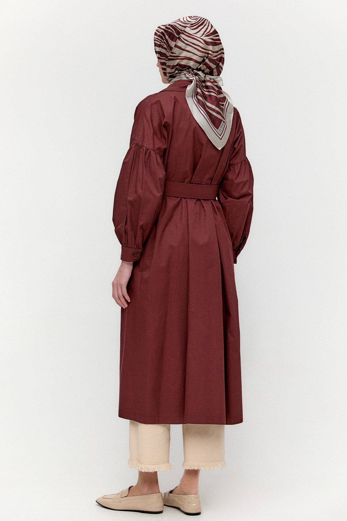 Kruvaze Kemerli Pamuklu Trençkot, Tesettür Giyim