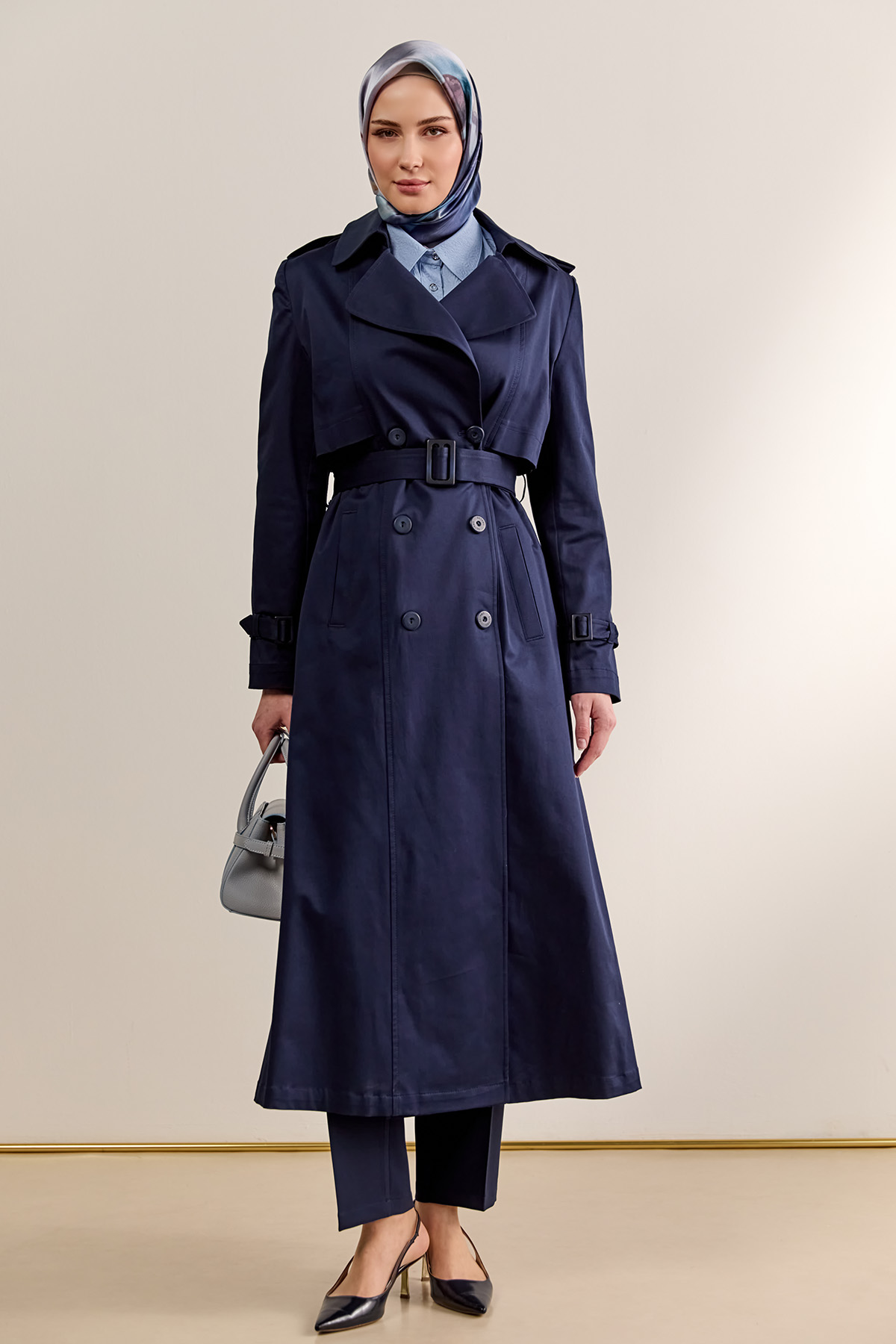 Çift Düğmeli Gabardin Trençkot, Tesettür Giyim