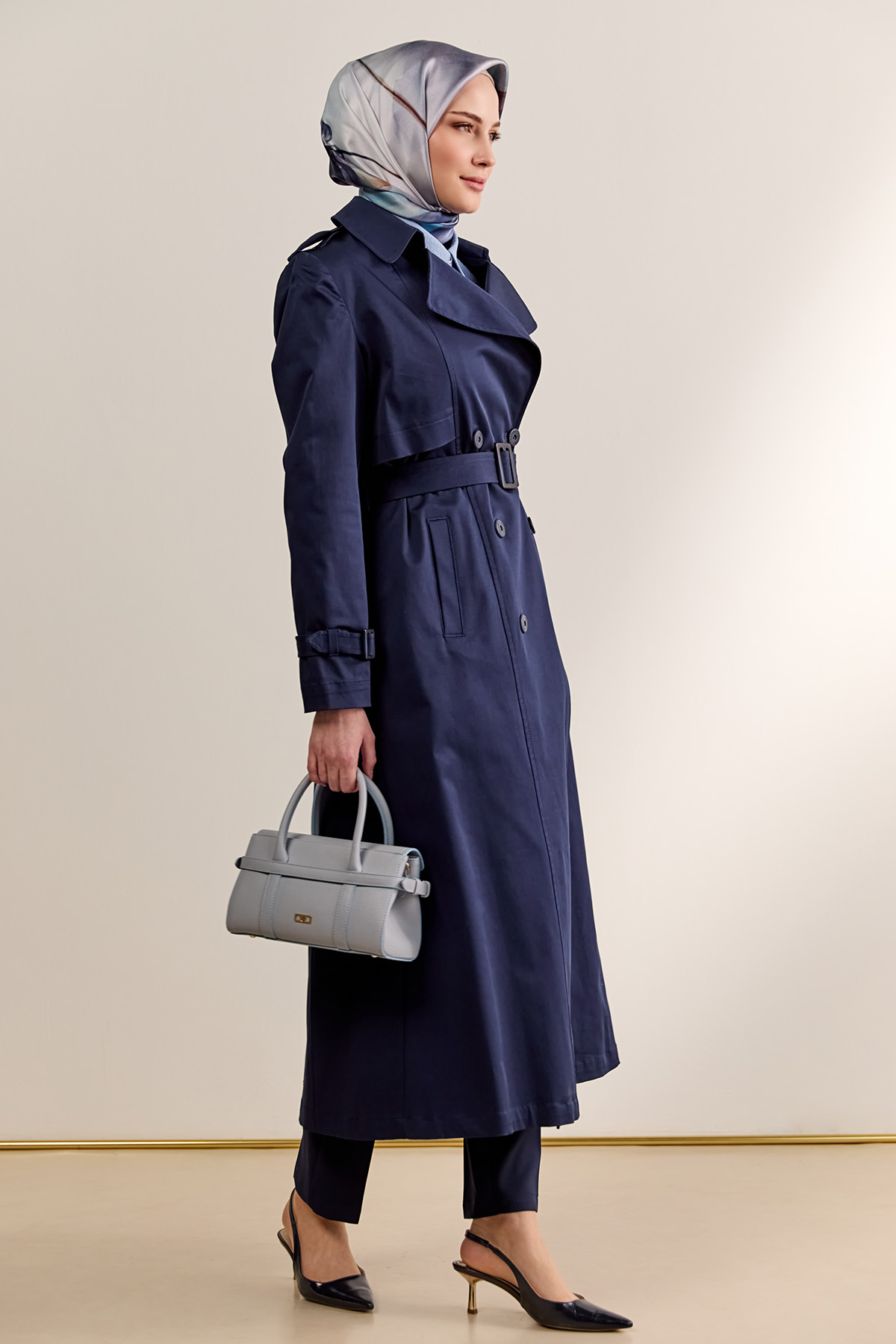 Çift Düğmeli Gabardin Trençkot, Tesettür Giyim