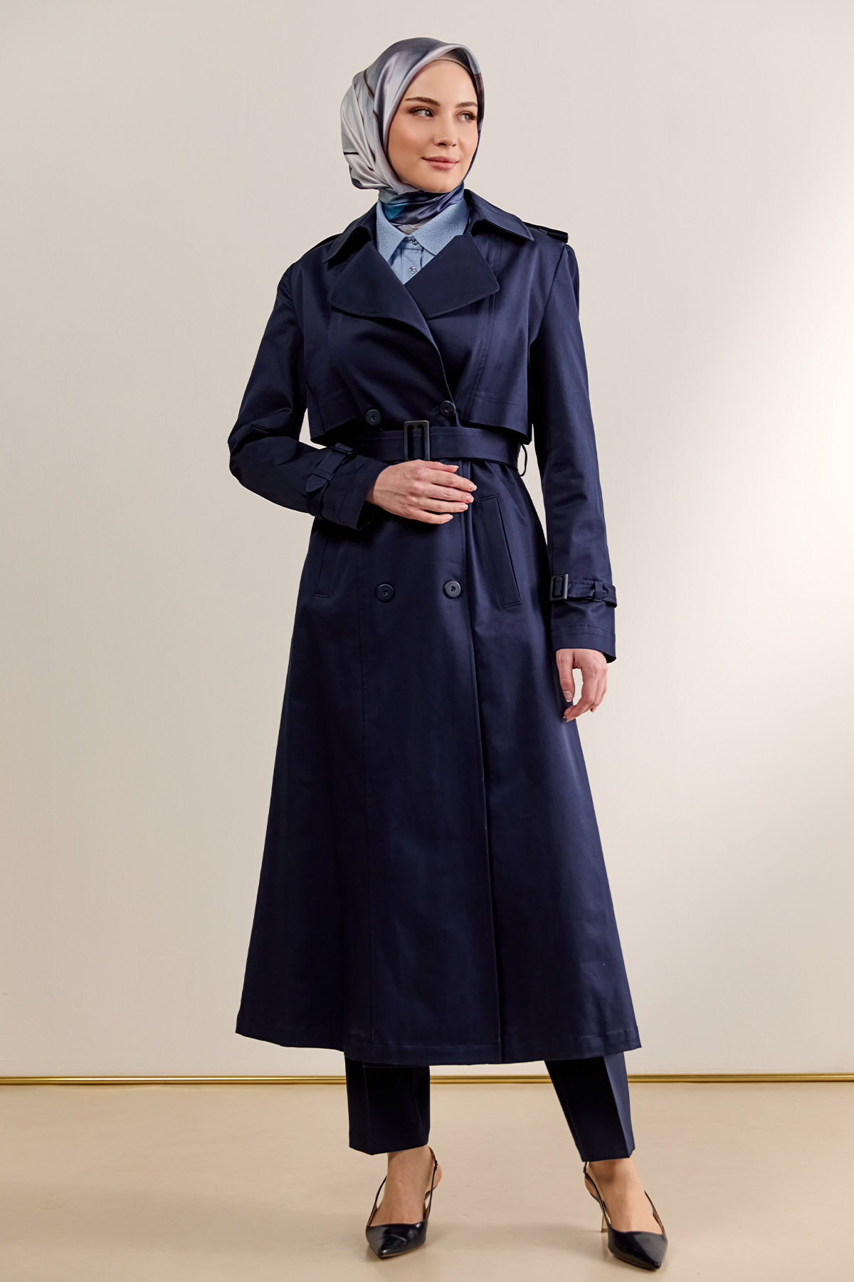Çift Düğmeli Gabardin Trençkot, Tesettür Giyim