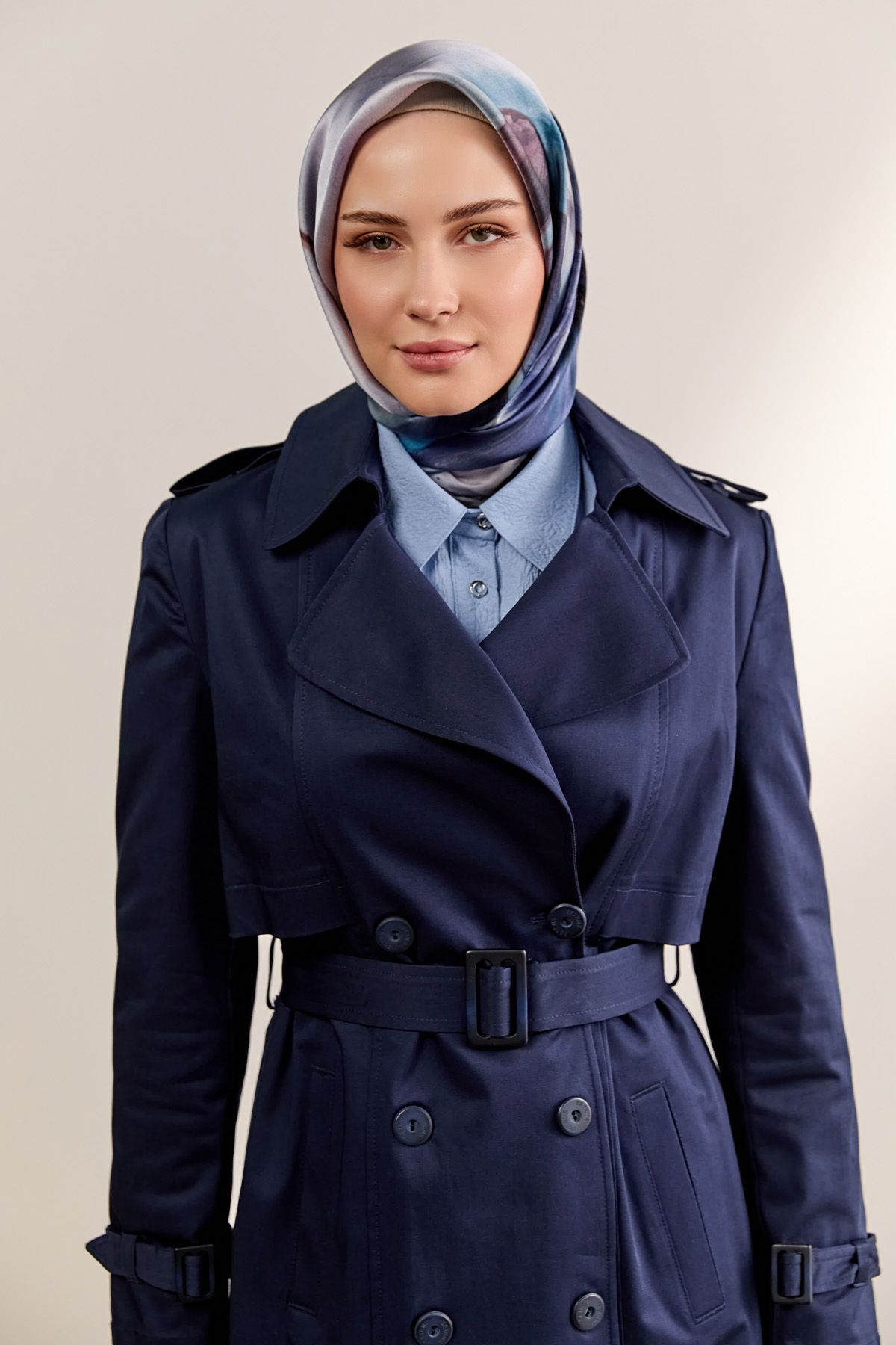 Çift Düğmeli Gabardin Trençkot, Tesettür Giyim