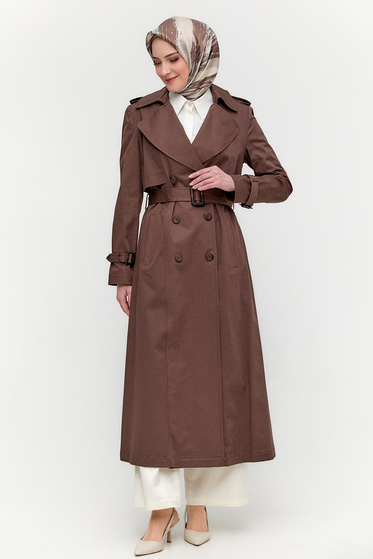 Çift Düğmeli Gabardin Trençkot, Tesettür Giyim