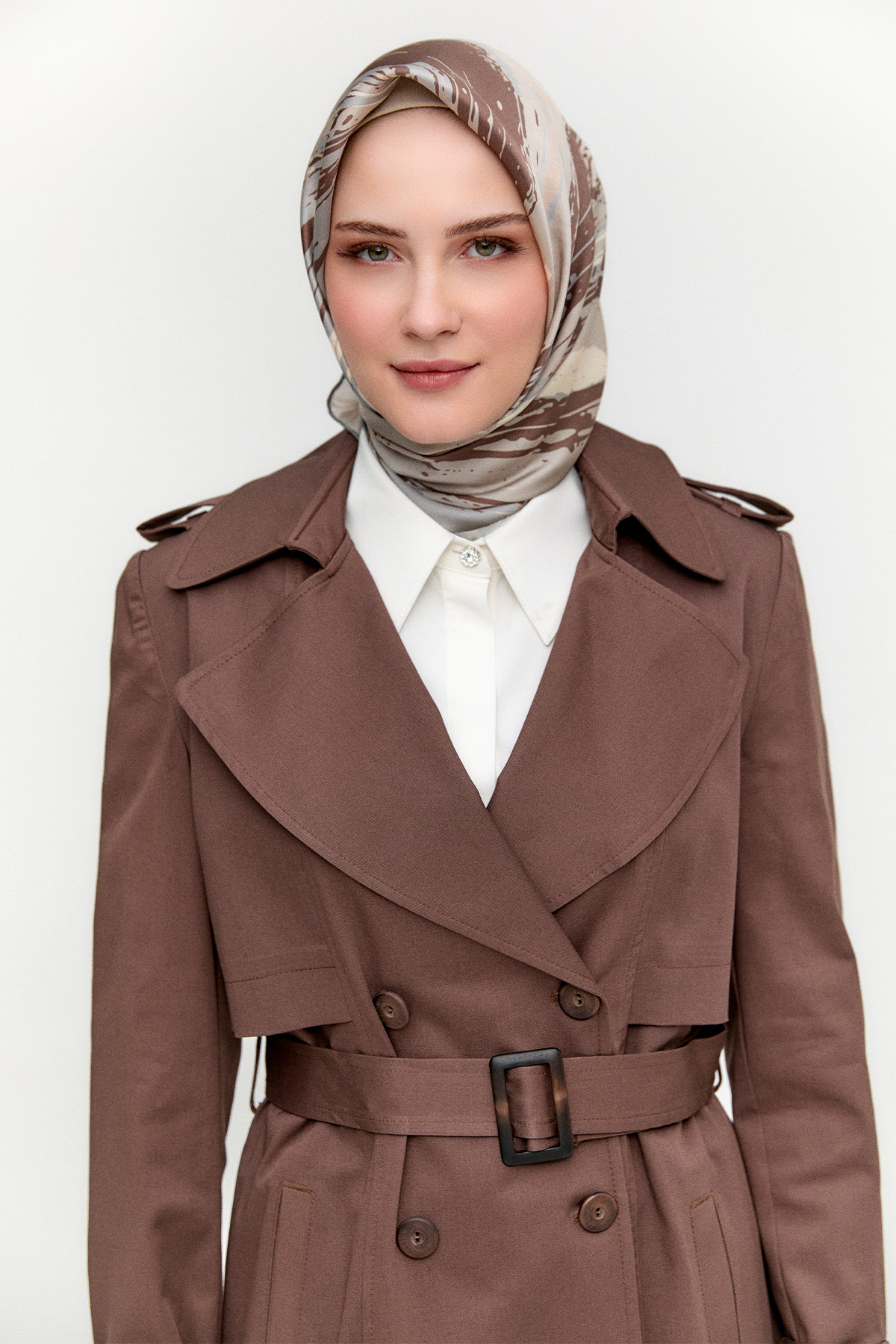 Çift Düğmeli Gabardin Trençkot, Tesettür Giyim